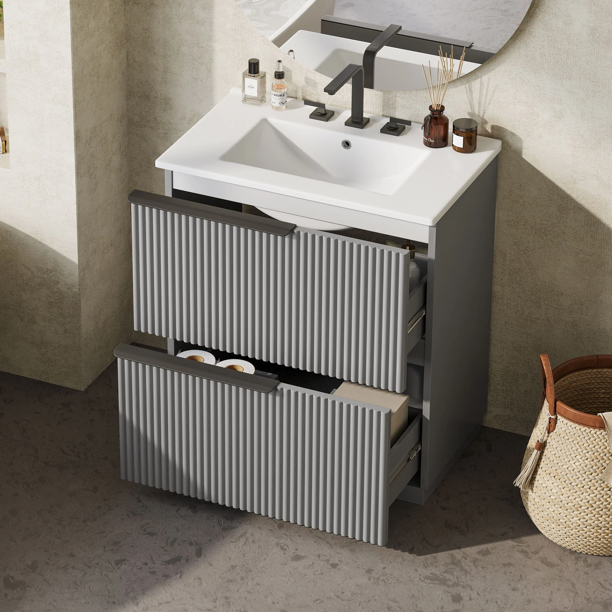 Fluted Bathroom Vanity With Ceramic Sink, Freestanding Cabinet - Image 8