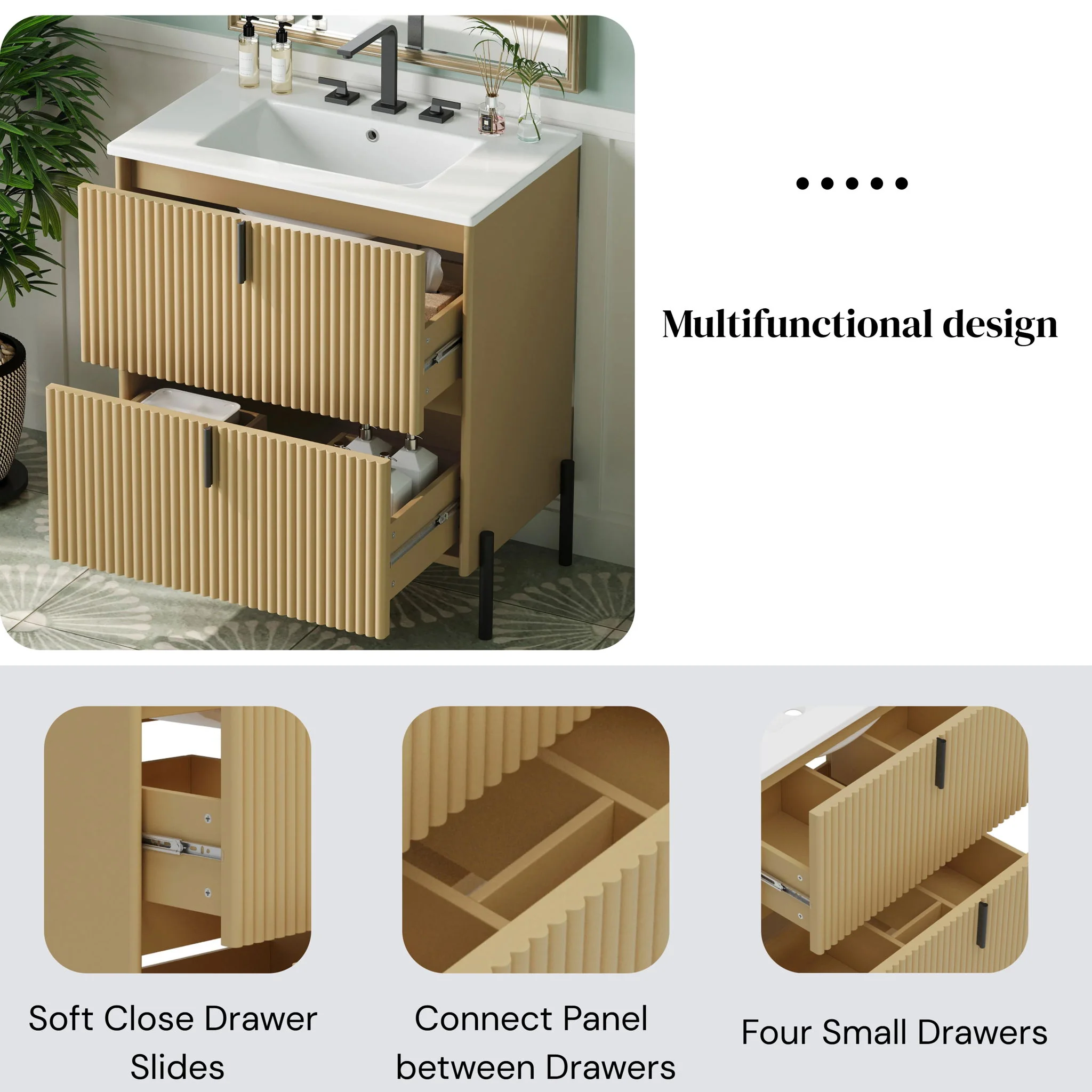 Fluted Bathroom Vanity With Ceramic Sink, Freestanding Design - Image 13