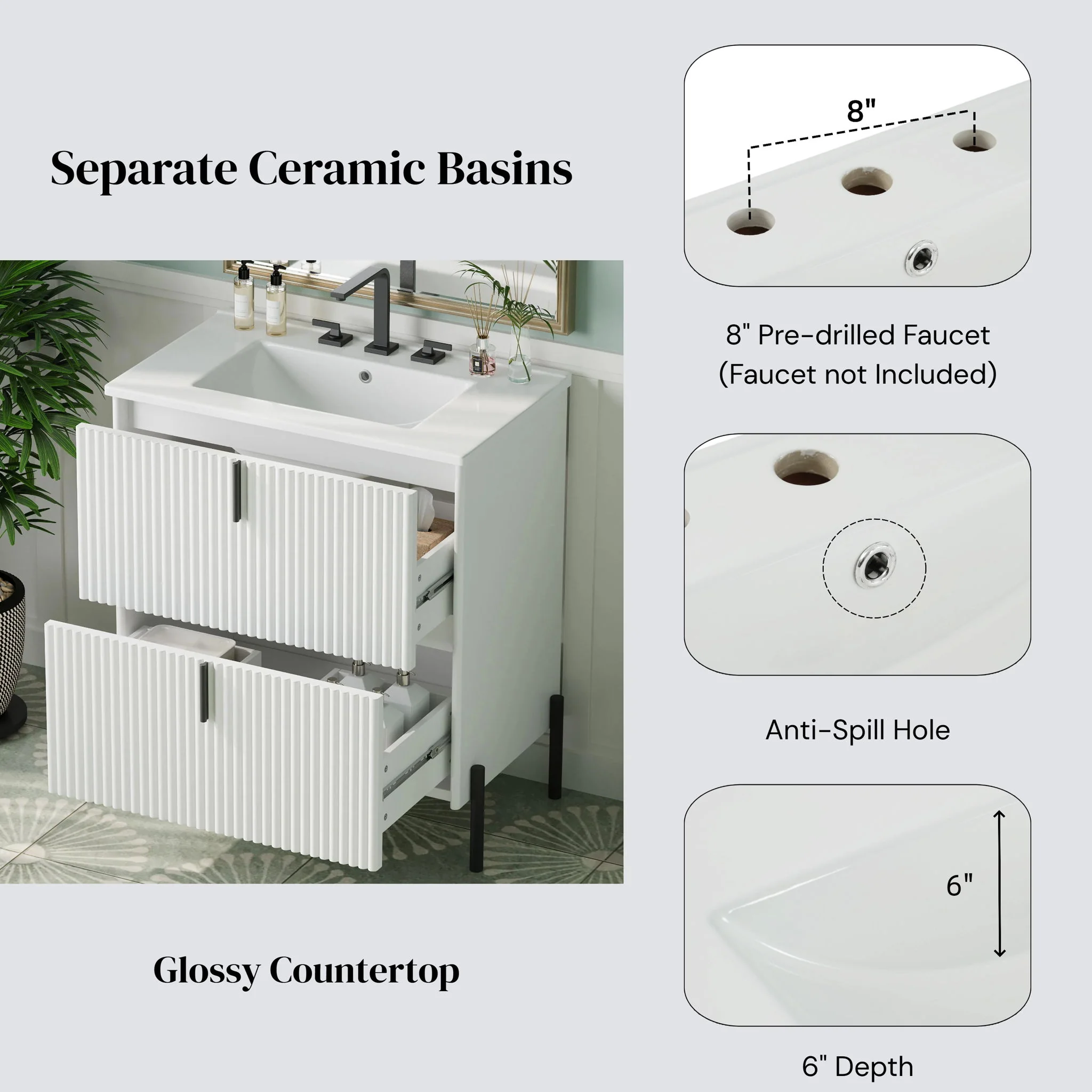 Fluted Bathroom Vanity With Ceramic Sink, Freestanding Design - Image 7