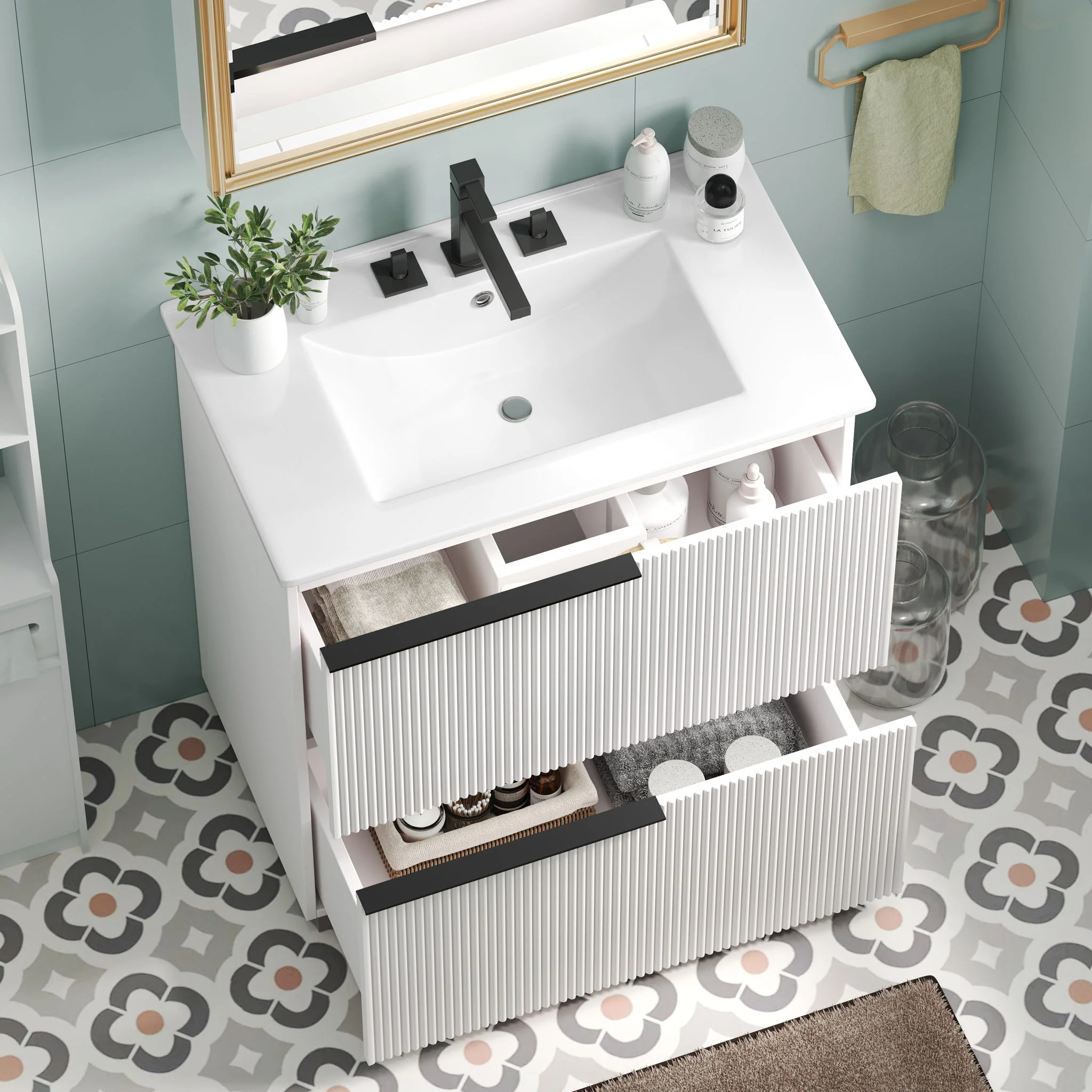 Fluted Bathroom Vanity With Ceramic Sink, Soft Close Slides - Image 20