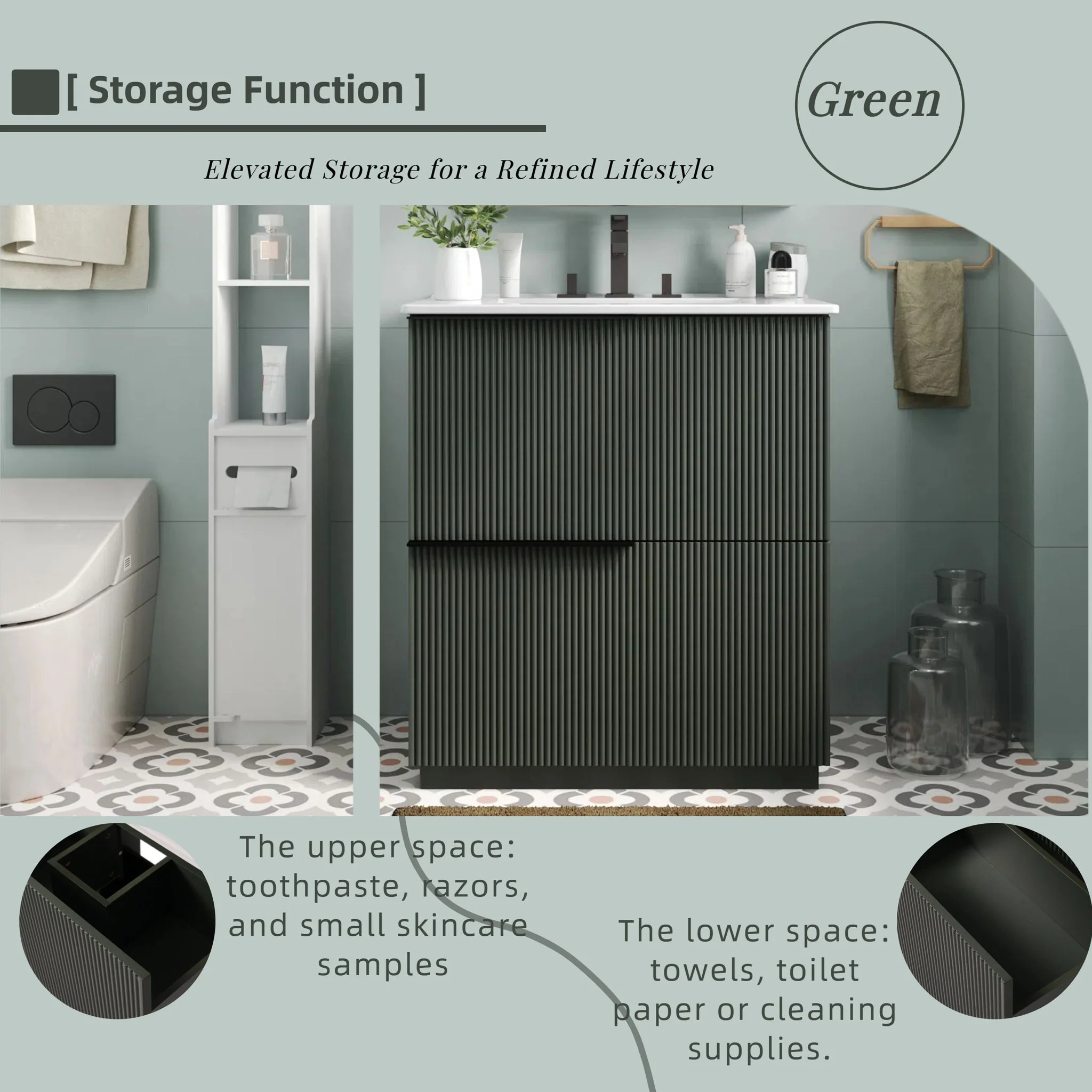 Fluted Bathroom Vanity With Ceramic Sink, Soft Close Slides - Image 25