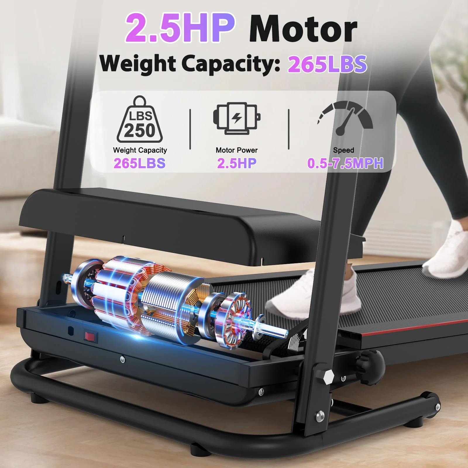 Foldable Electric Treadmill With 2.5Hp Motor, 12Km / H Speed, 3 Incline Levelstooth Music, Heart Rate Sensor, Spacious Running Belt For Indoor - Black - Image 5