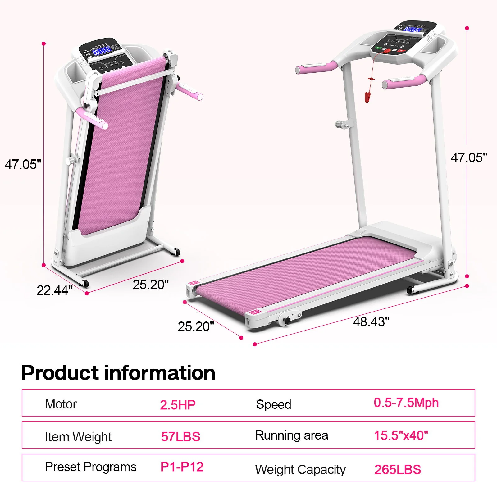 Foldable Treadmill 2.5Hp Electric Folding Treadmill Running Walking Machine For Home Gym, Max 265 Lbs Weight Capacity - Pink / White - Image 4