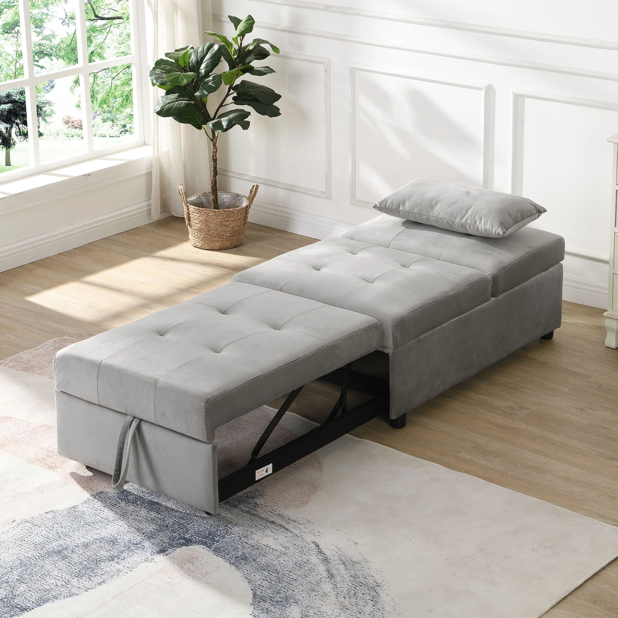 Folding Ottoman Sofa Bed - Gray Fabric - Image 3