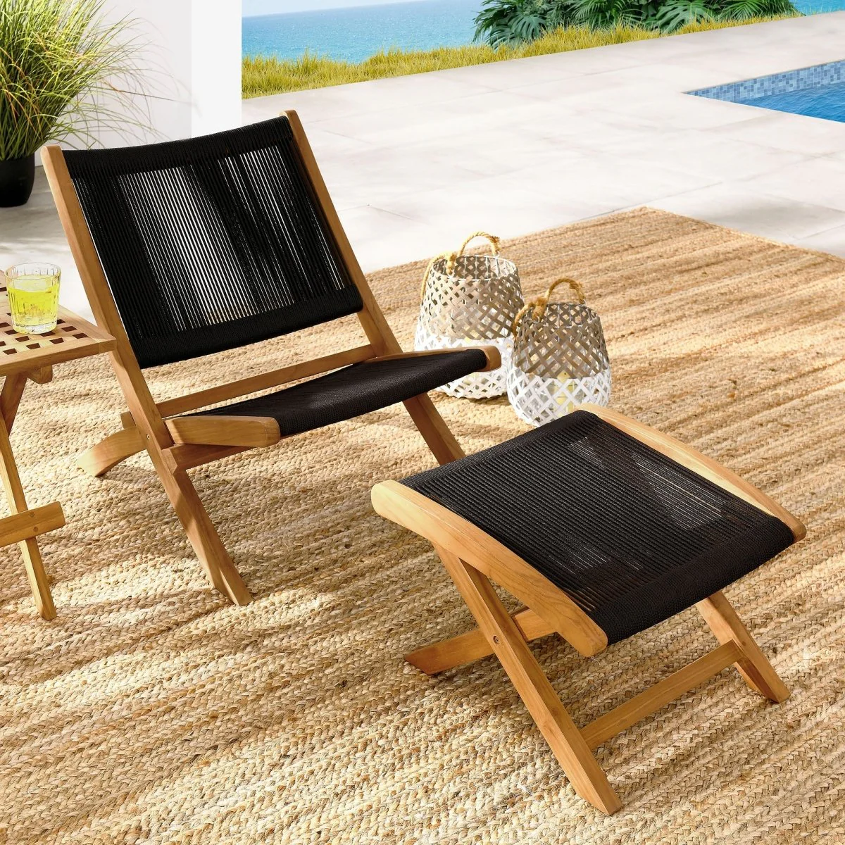 Folding Teak Outdoor Lounge Chair and Ottoman Set for Patio and Deck Seating - Image 13