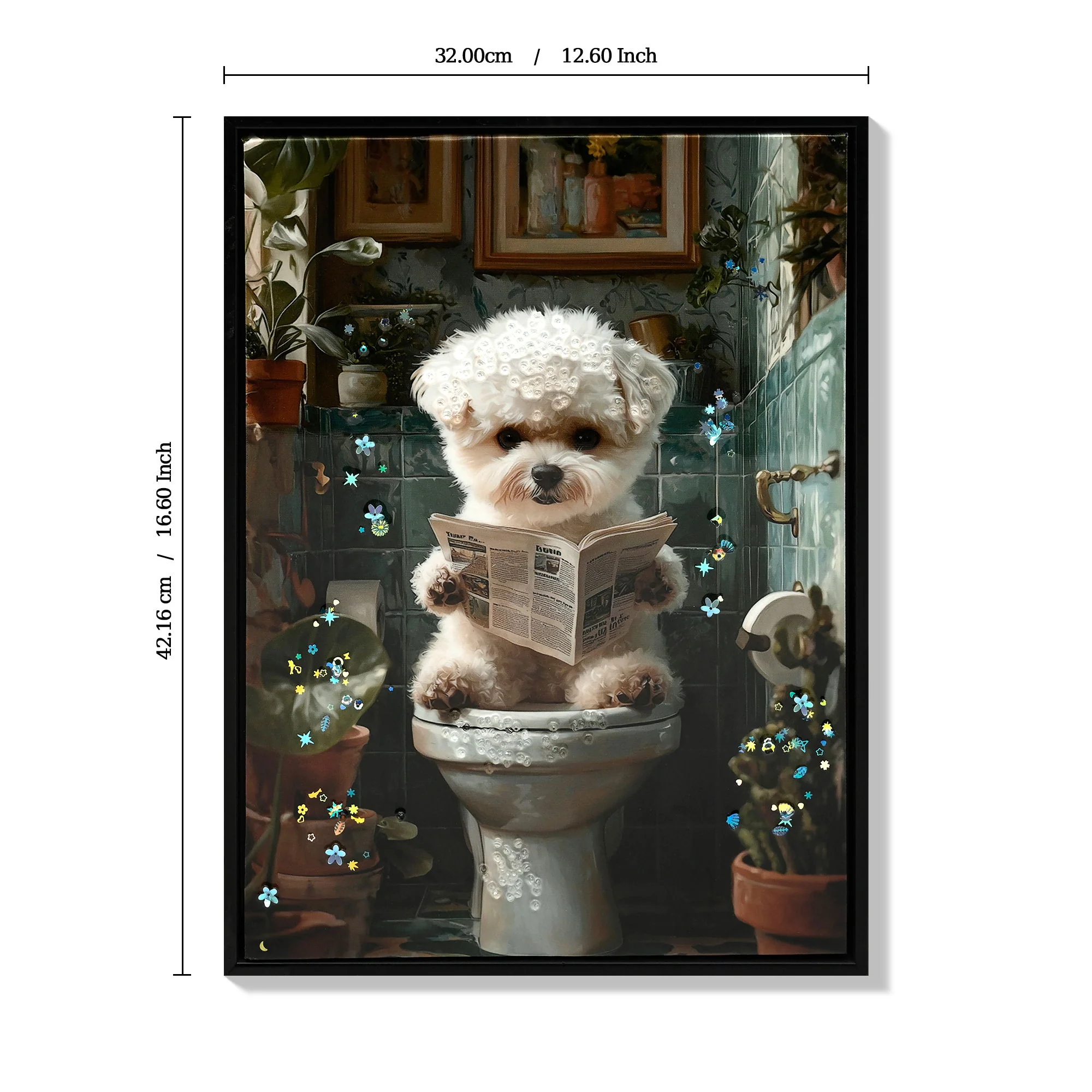 Framed Bathroom Decor, Cute Puppy Wall Art In Picture Frame, 3D Canvas Print - Indigo / White - Image 6