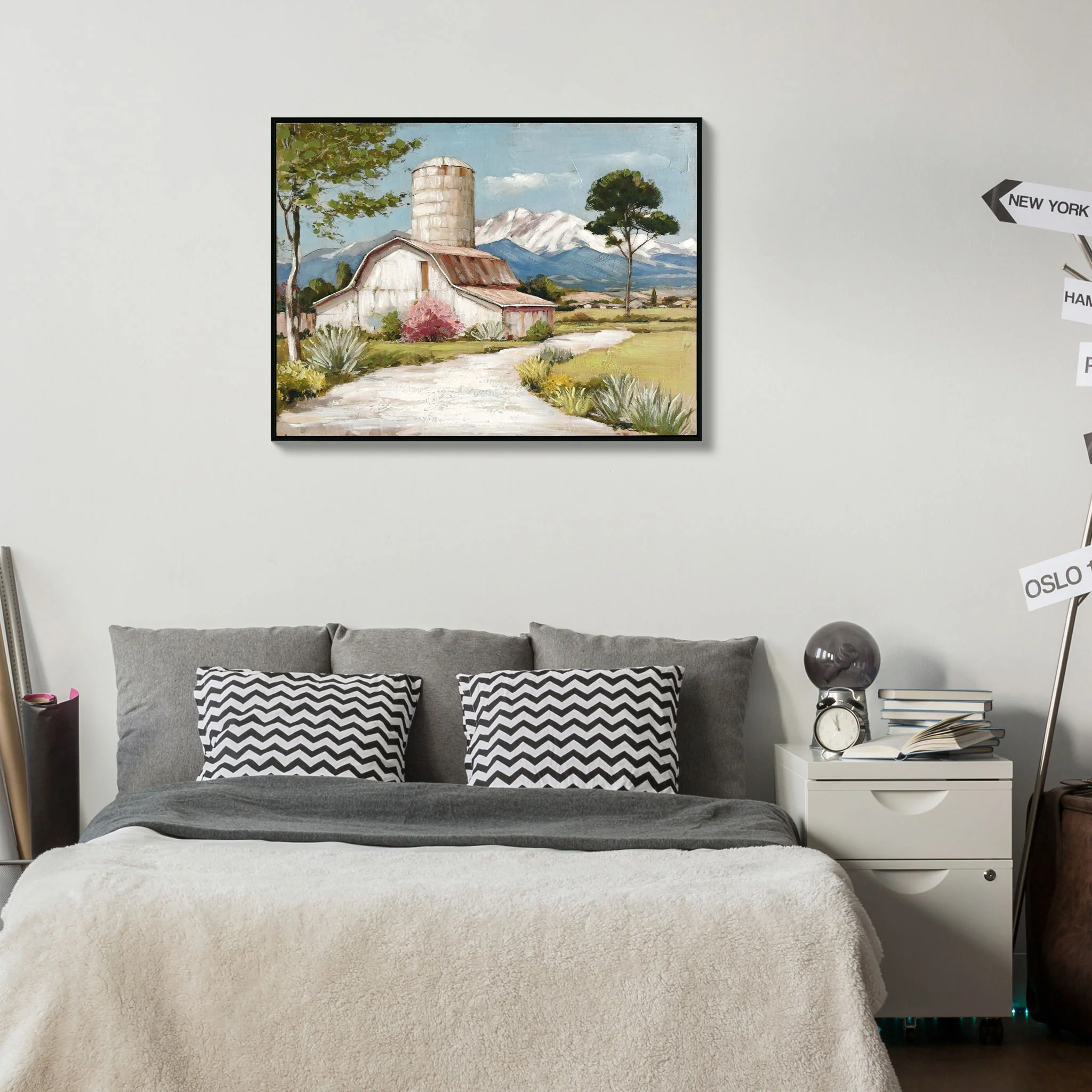 Framed Canvas Wall Art Beautiful Field Painting Wildflower Barn Print Nature Scenery Picture For Home - Blue / Pink - Image 3