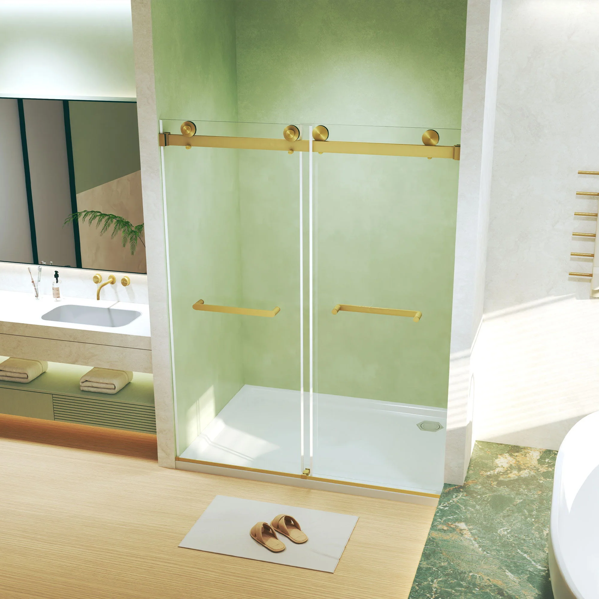 Frameless Double Sliding Shower Door, Tempered Glass, Explosion Proof Film, Square Tube Track - Brushed Gold - Image 5