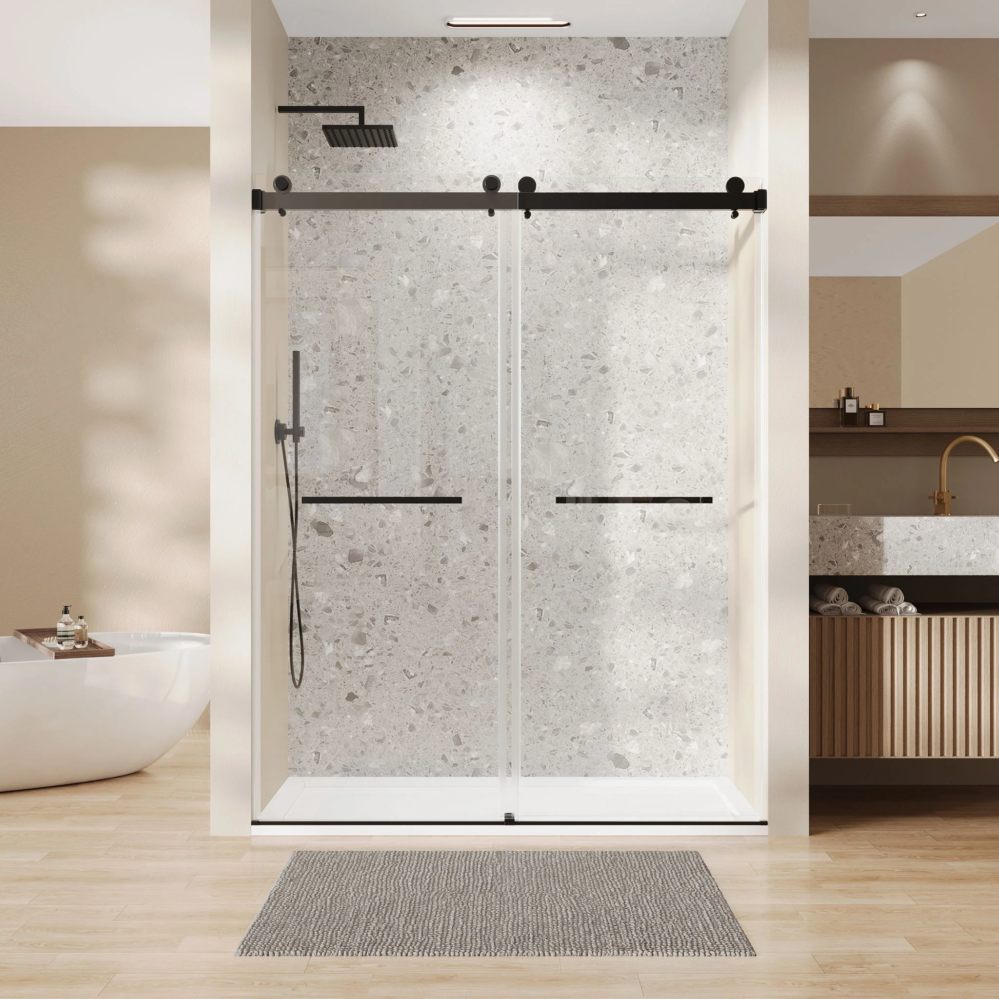Frameless Double Sliding Soft Close Bathtub Shower Door, 5 / 16" Clear Nano Coated Tempered Glass And 304 Stainless Steel Handle - Matte Black - Image 6
