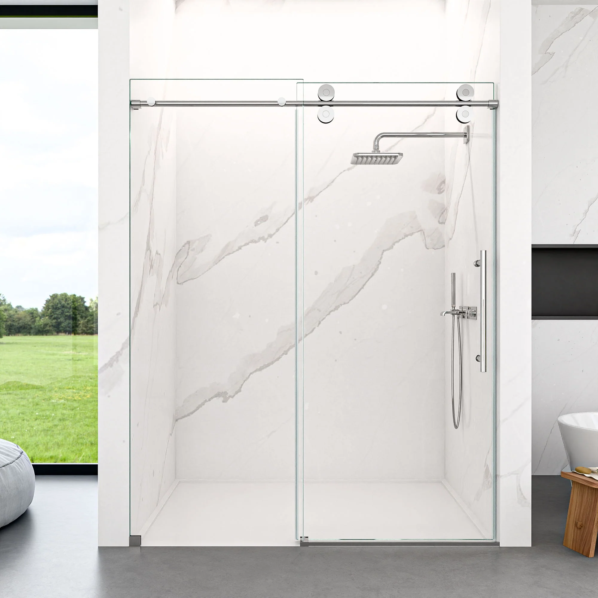 Frameless Single Sliding Shower Door With Clear Tempered Glass - Image 44