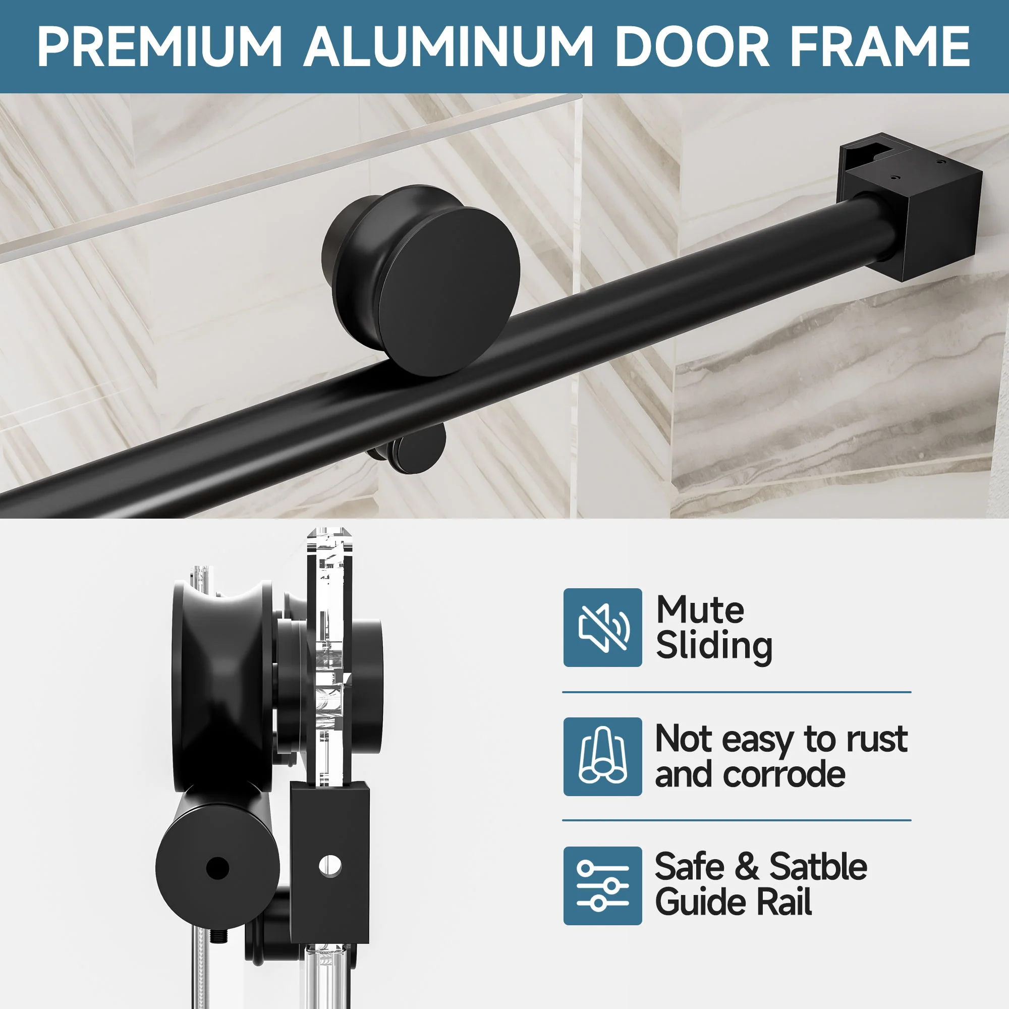 Frameless Single Sliding Soft Close Shower Door, 5 / 16" Clear Nano Coated Tempered Glass And 304 Stainless Steel Handle - Matte Black - Image 7