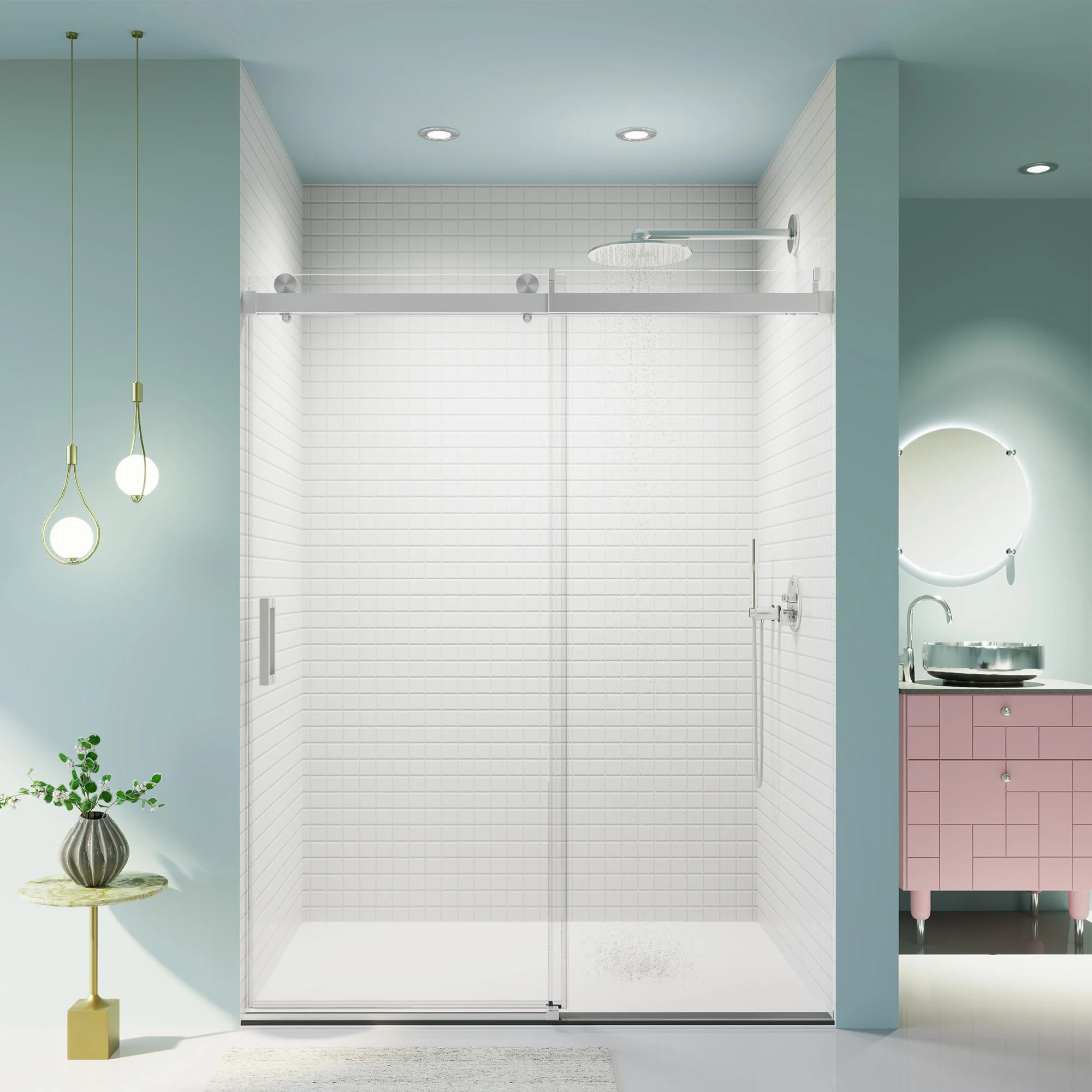 Frameless Single Sliding Soft Close Shower Doors, 3 / 8" Tempered Glass Reversible Installatio - Image 13