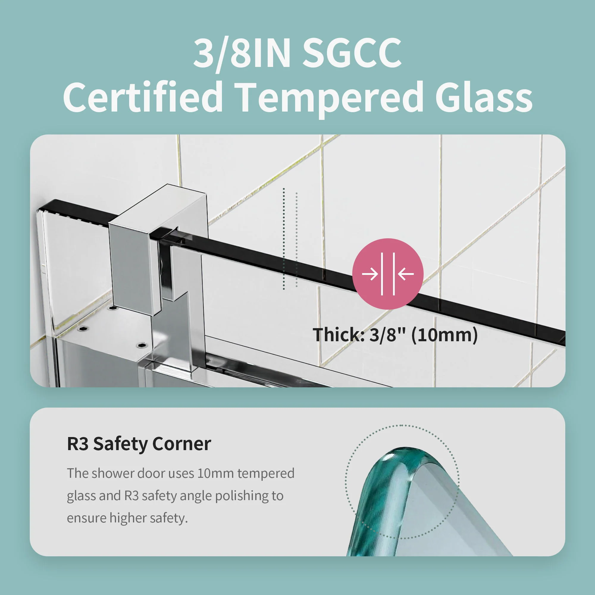 Frameless Single Sliding Soft Close Shower Doors, 3 / 8" Tempered Glass Reversible Installatio - Image 9
