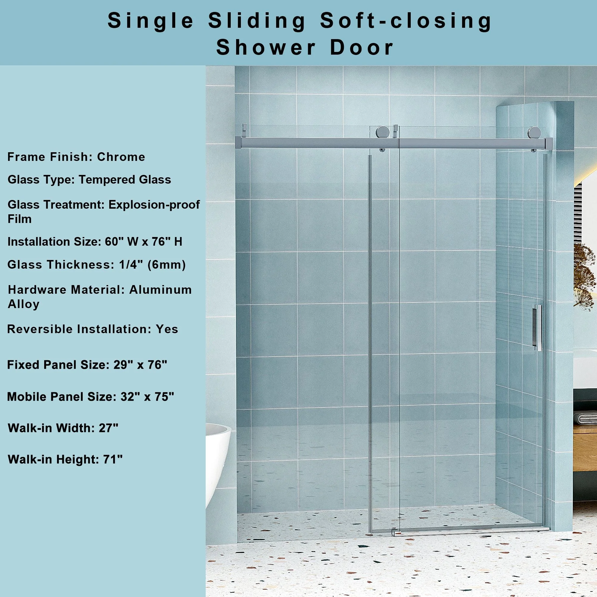 Frameless Soft-Closing Shower Door, 1/4" (6 Mm) Tempered Glass Single Sliding With Explosion Proof Coating - Image 14
