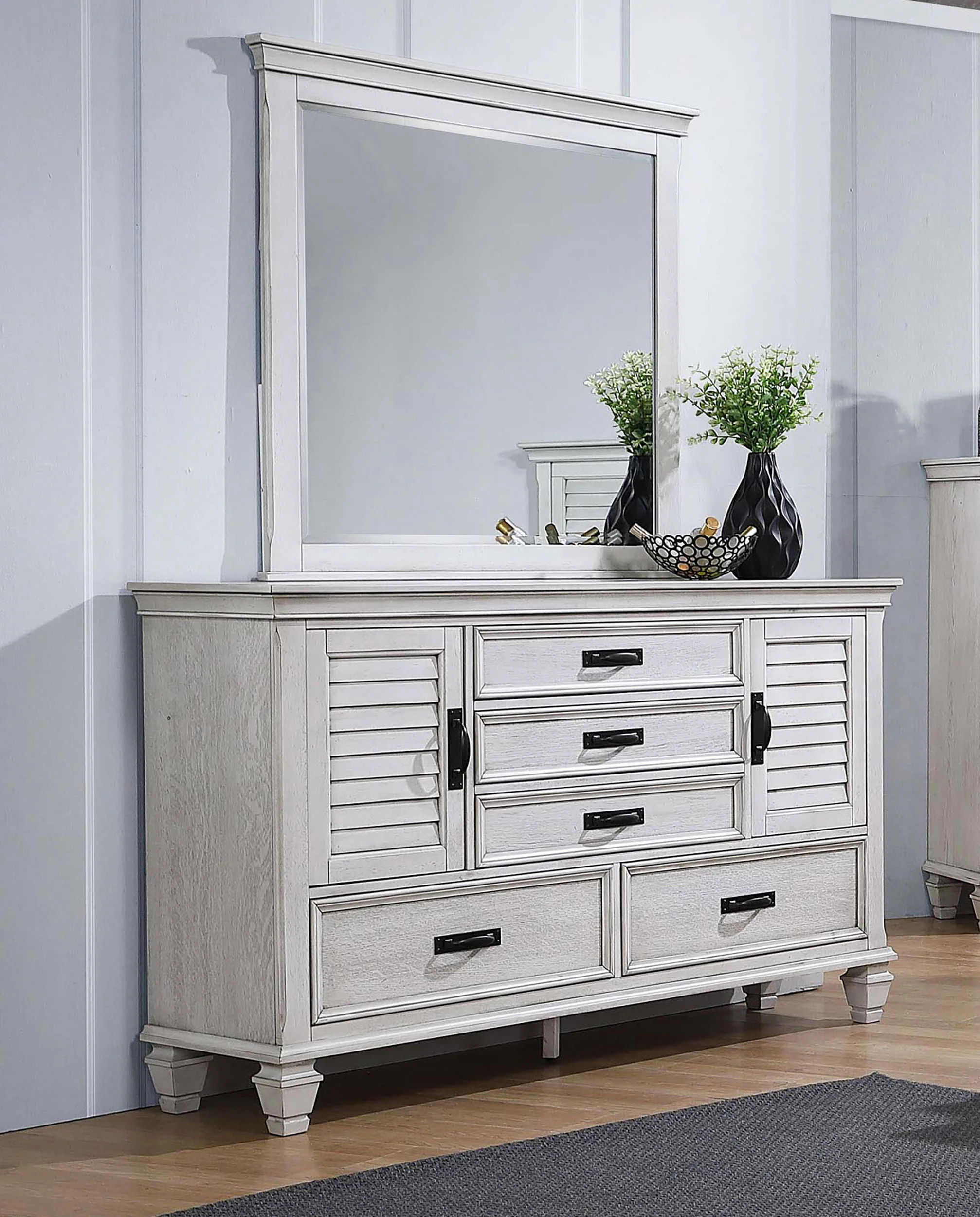 Franco 5-Drawer Dresser with Mirror, Distressed White - Image 4
