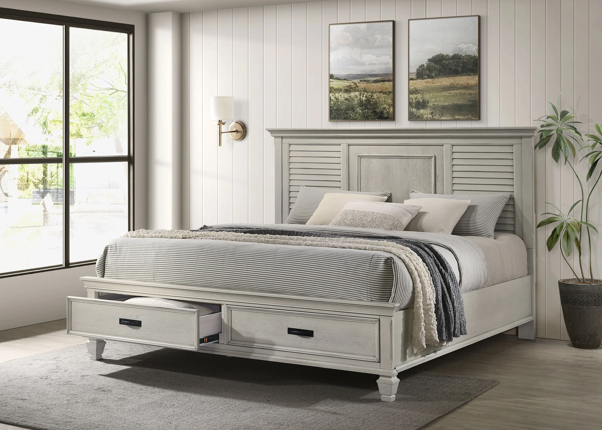 Franco Wood Eastern King Storage Panel Bed Distressed White - Image 5