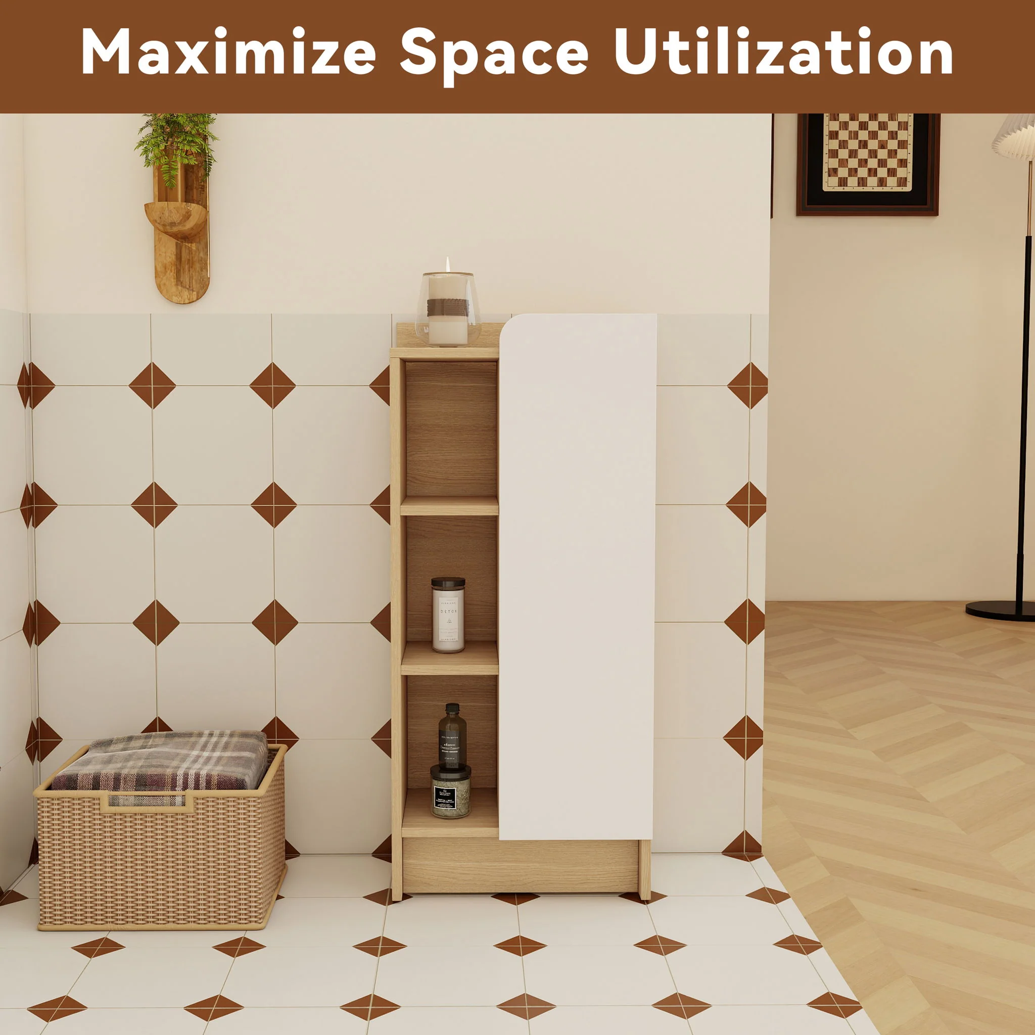 Freestanding Bathroom Side Cabinet, Narrow Storage Cabinet With Single Door & 3 Tier Open Shelves - Black / Light Oak / White - Image 8