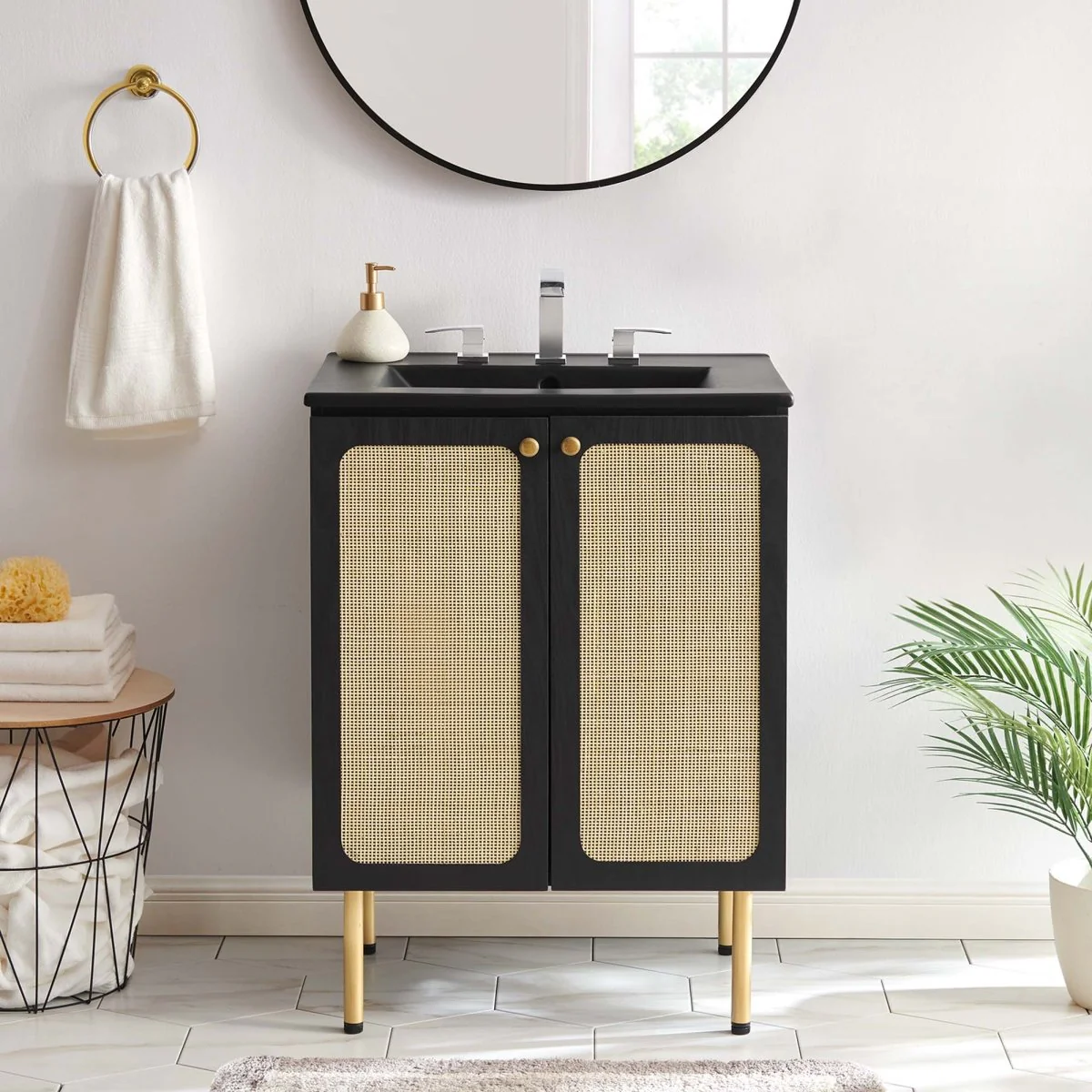Freestanding Bathroom Vanity Cabinet with Rattan Weave Doors and Storage - Image 111