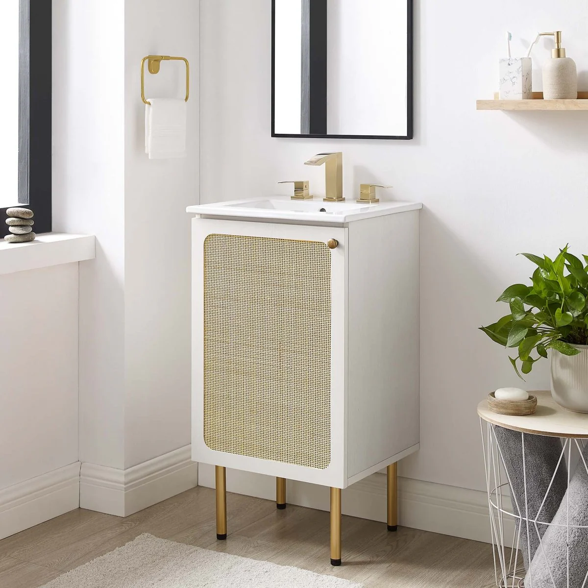 Freestanding Bathroom Vanity Cabinet with Rattan Weave Doors and Storage - Image 31