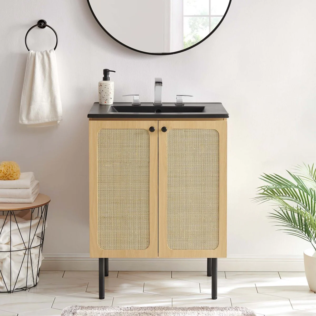 Freestanding Bathroom Vanity Cabinet with Rattan Weave Doors and Storage - Image 95
