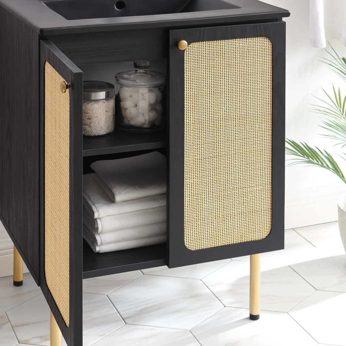 Freestanding Bathroom Vanity Cabinet with Rattan Weave Doors and Storage - Image 99