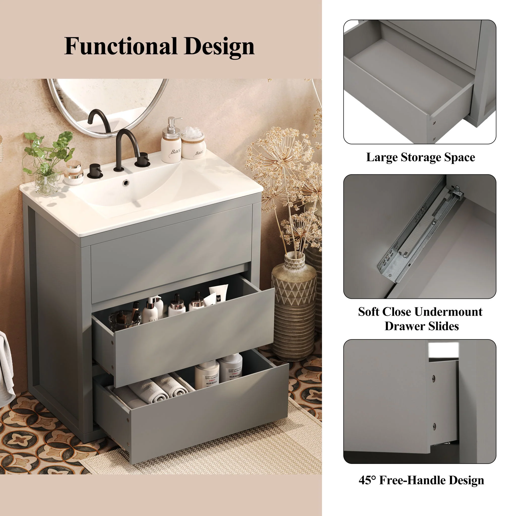 Freestanding Bathroom Vanity With Ceramic Sink, 2 Full Extension Drawers - Image 10