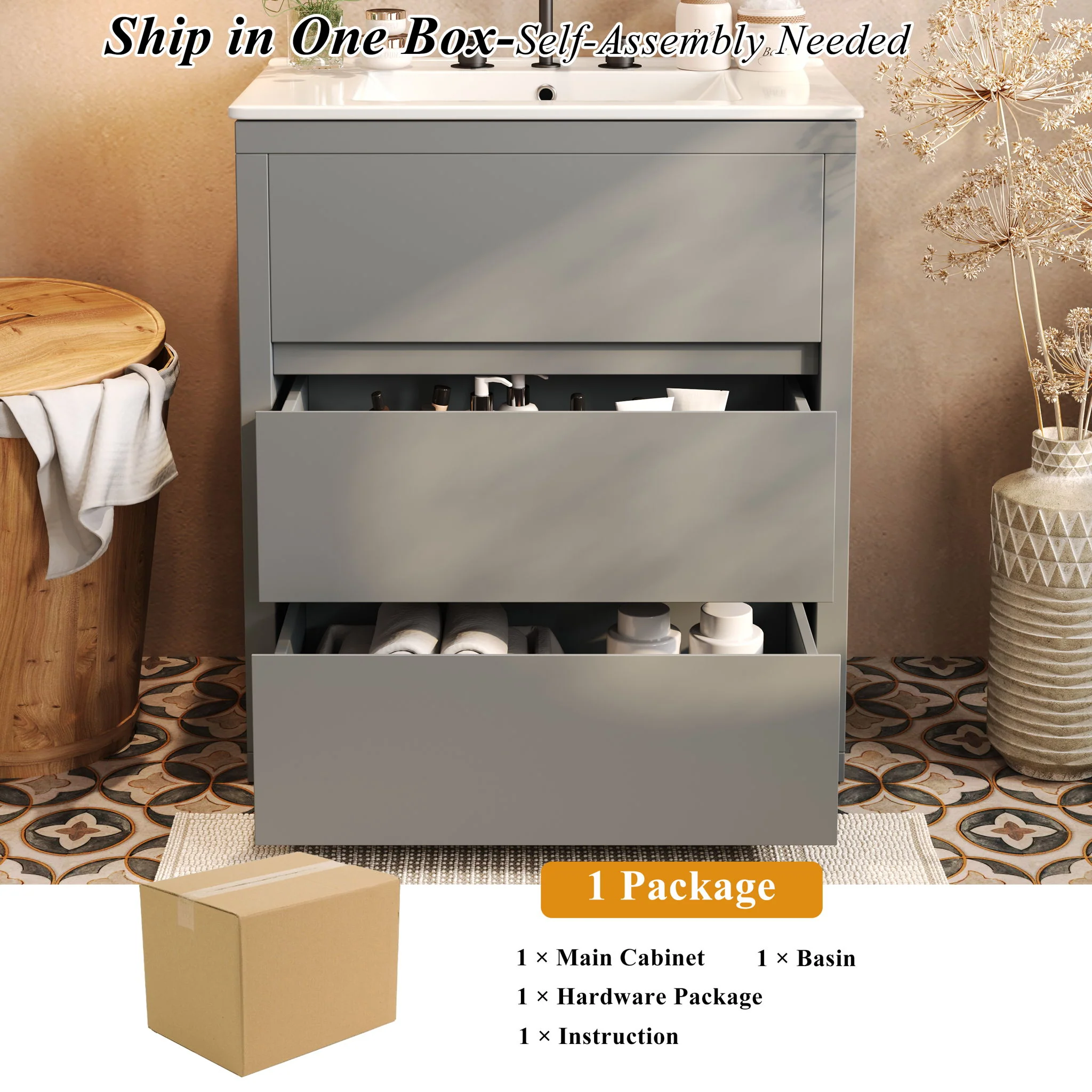 Freestanding Bathroom Vanity With Ceramic Sink, 2 Full Extension Drawers - Image 15