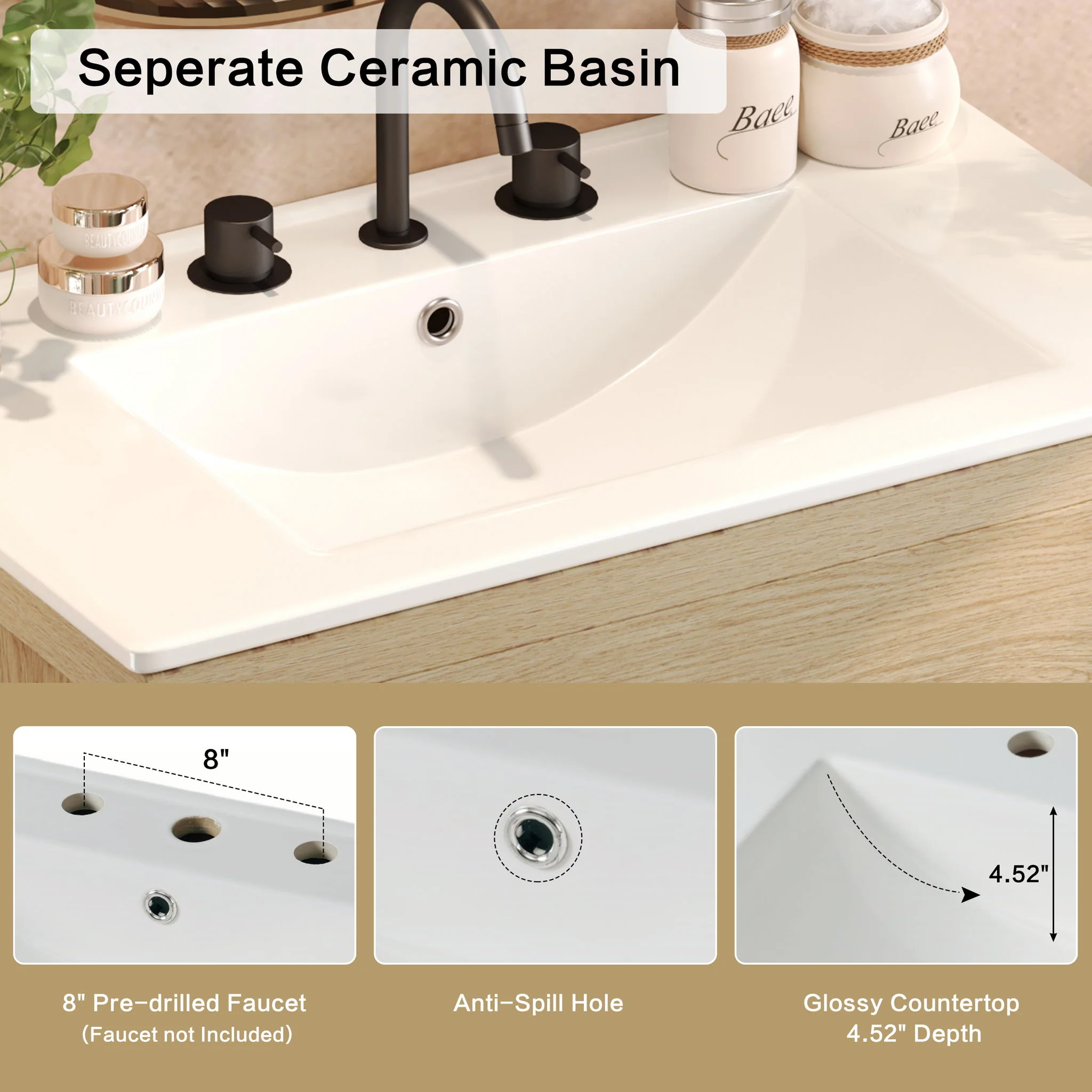 Freestanding Bathroom Vanity With Ceramic Sink, 2 Full Extension Drawers - Image 19