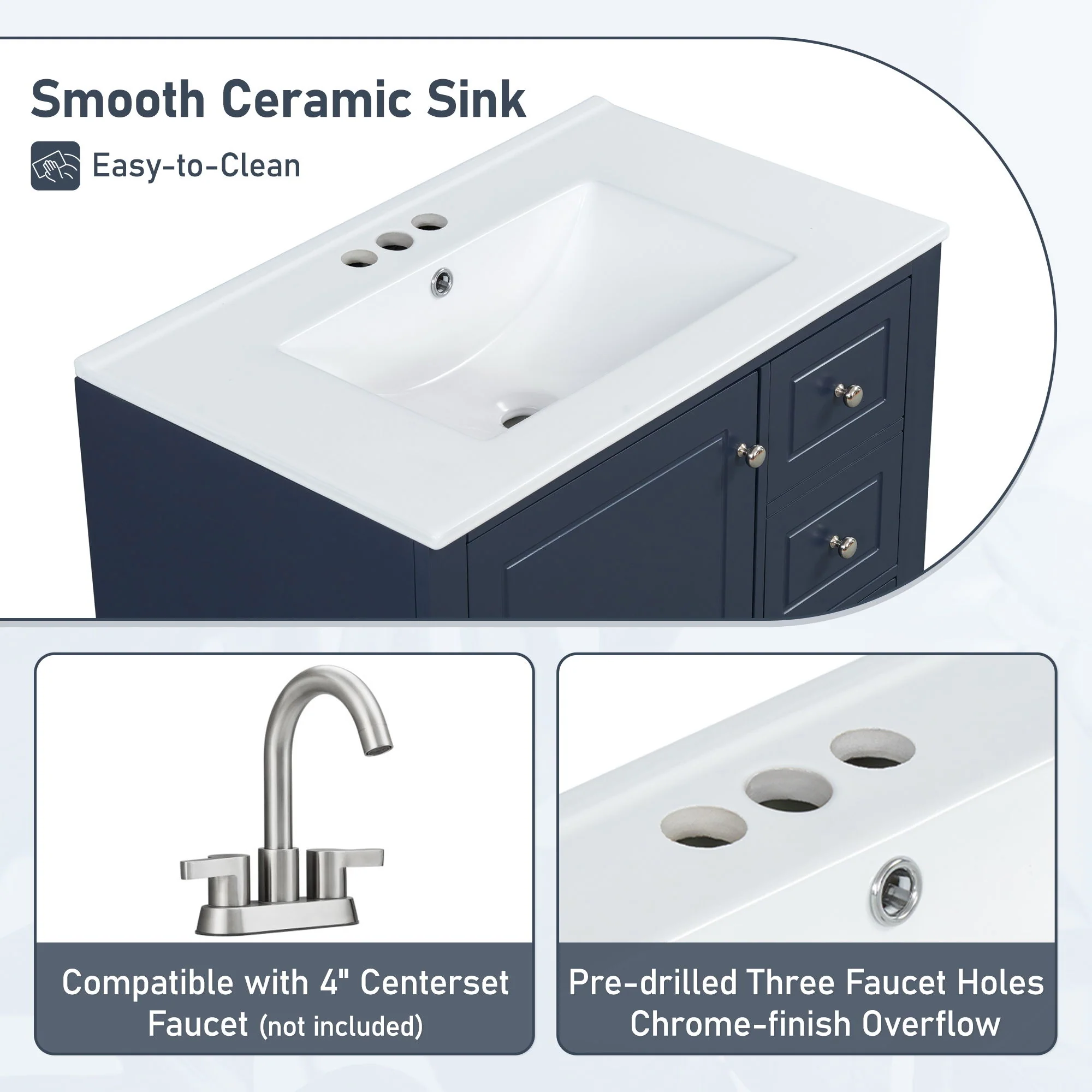 Freestanding Bathroom Vanity With Sink, Soft Close Door, 3 Drawers - Image 12