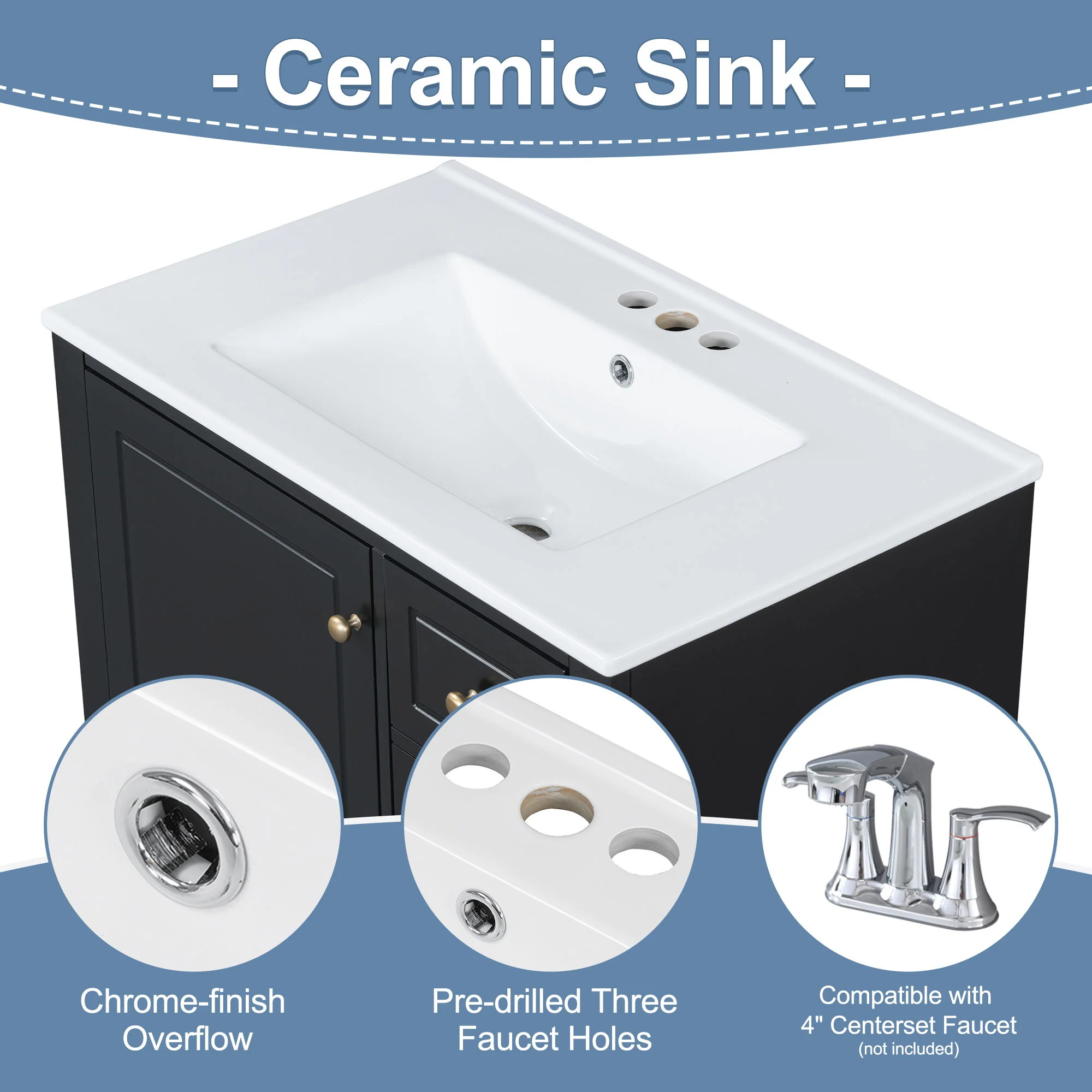 Freestanding Bathroom Vanity With Sink, Soft Close Door, 3 Drawers - Image 13