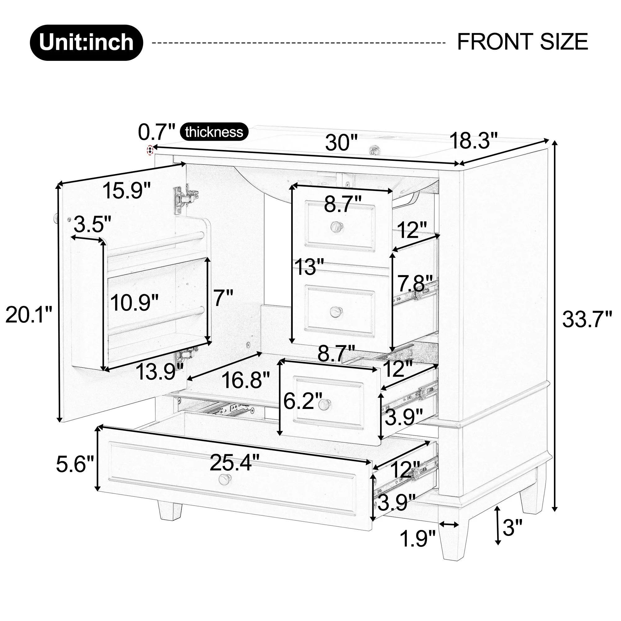 Freestanding Bathroom Vanity With Sink, Soft Close Door, 3 Drawers - Image 17