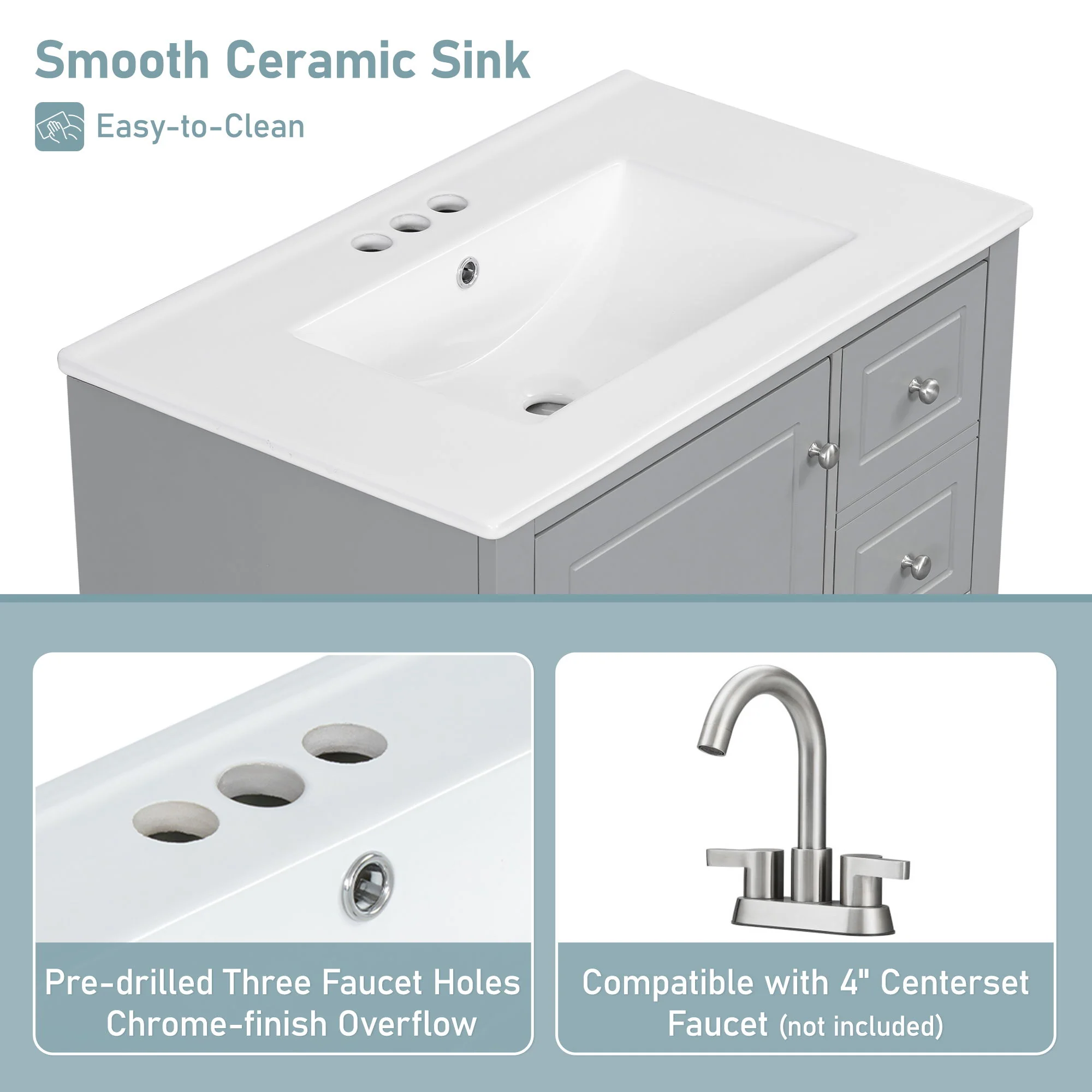 Freestanding Bathroom Vanity With Sink, Soft Close Door, 3 Drawers - Image 18