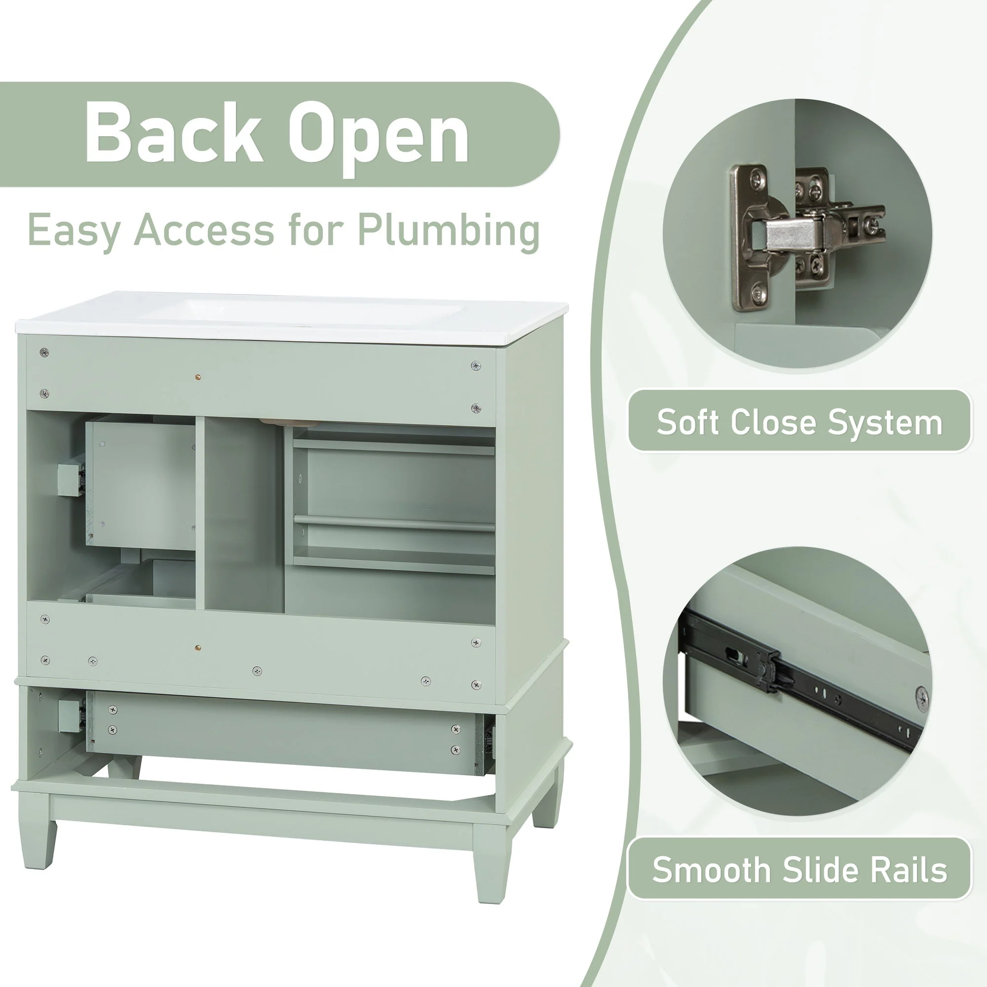 Freestanding Bathroom Vanity With Sink, Soft Close Door, 3 Drawers - Image 40