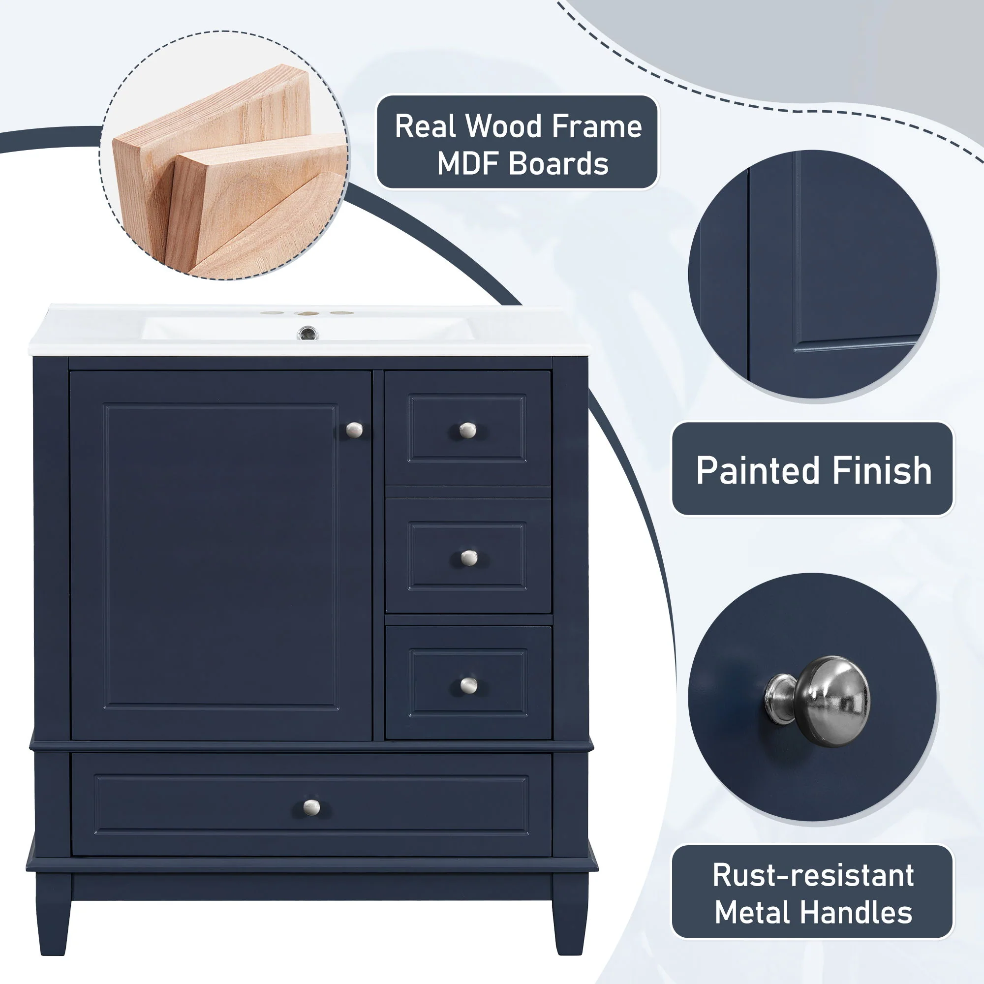 Freestanding Bathroom Vanity With Sink, Soft Close Door, 3 Drawers - Image 9
