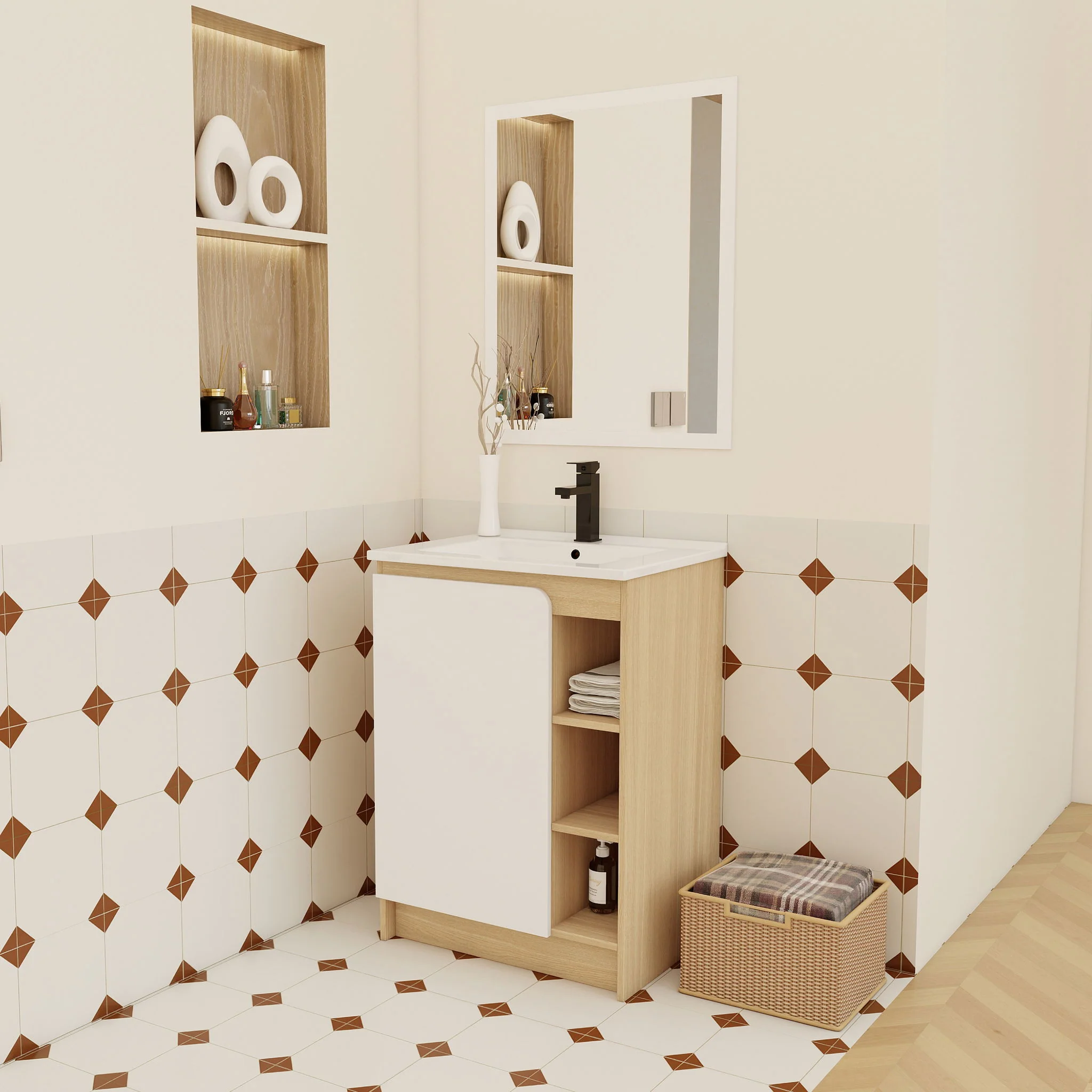 Freestanding Bathroom Vanity With Thin Rim Sink, Single Door With 4 Tier Open Shelves - Light Oak / White - Image 3