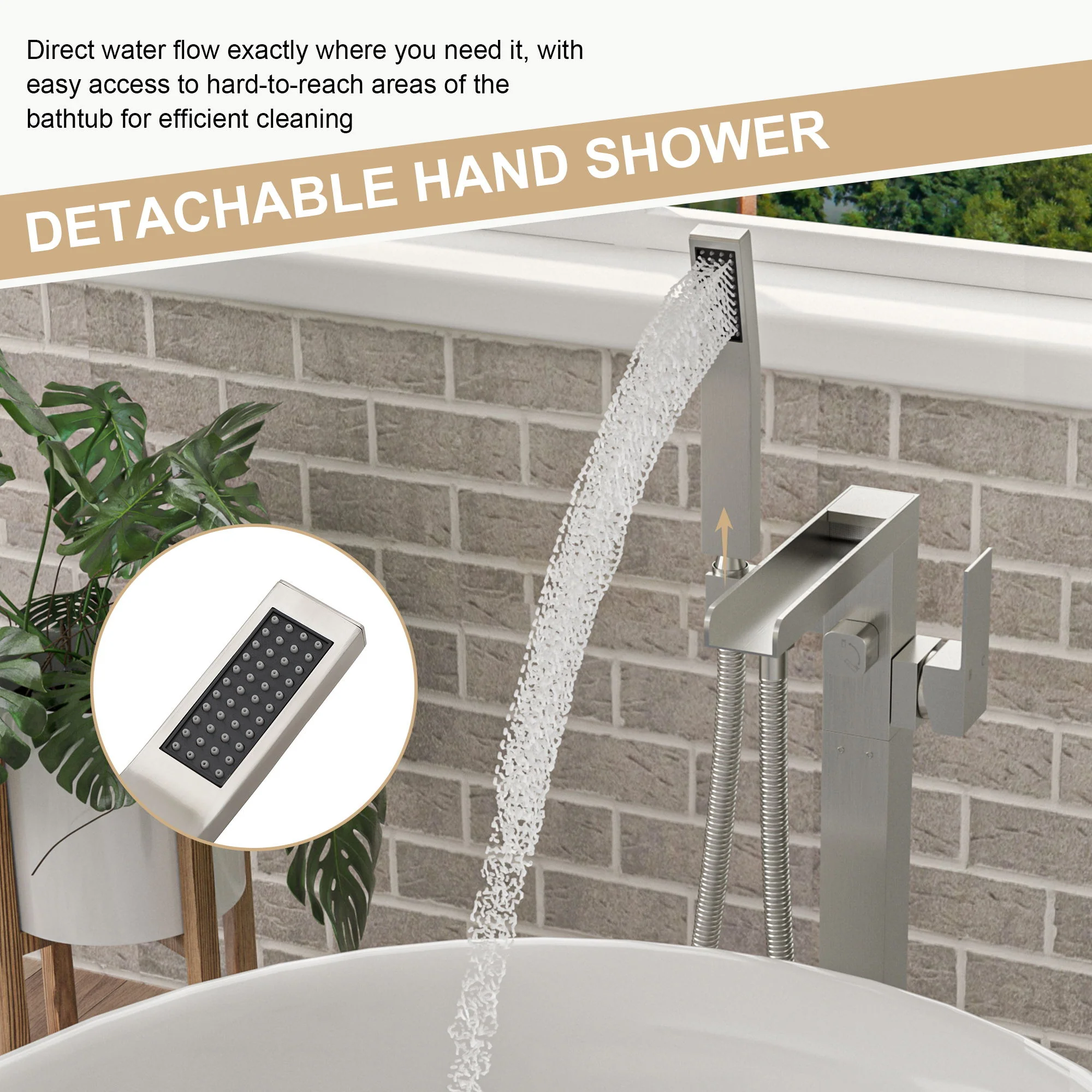 Freestanding Bathtub Faucet Waterfall Tub Filler Floor Mount Solid Brass With Hand Shower - Brushed Nickel - Image 3