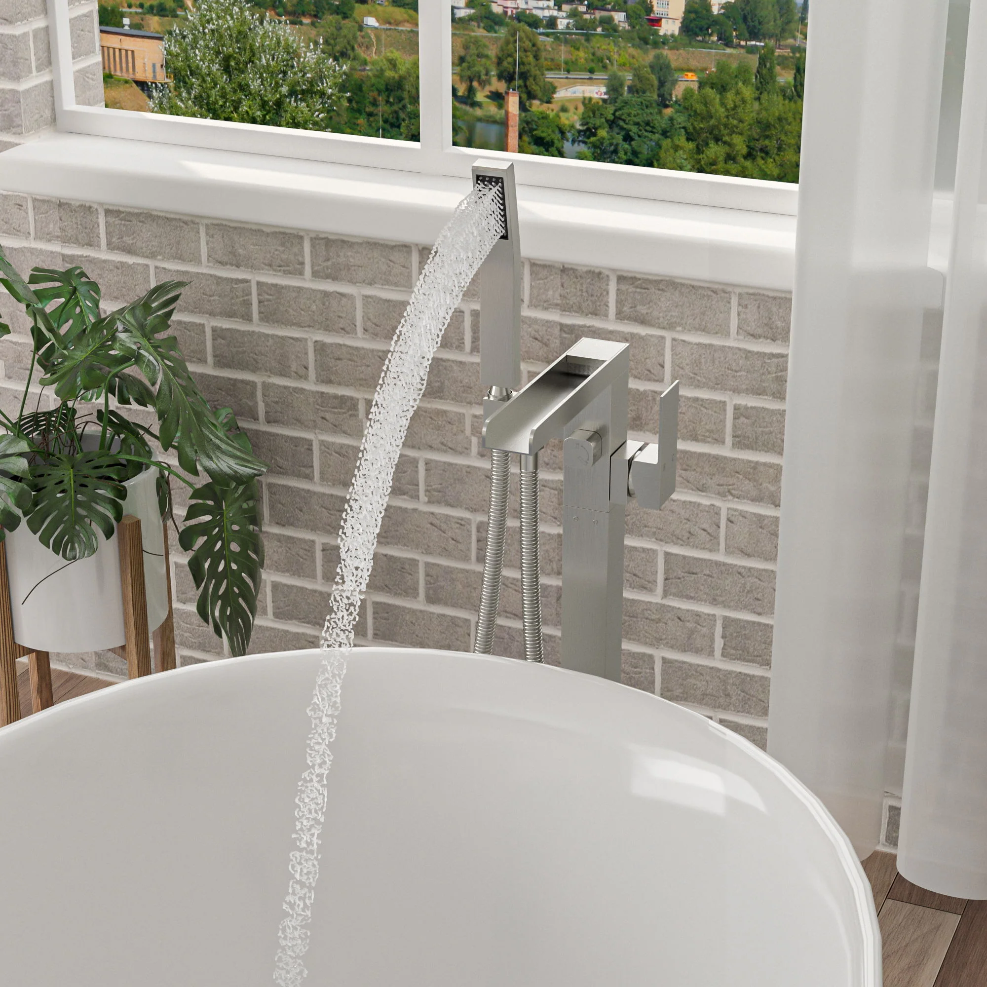 Freestanding Bathtub Faucet Waterfall Tub Filler Floor Mount Solid Brass With Hand Shower - Brushed Nickel - Image 5