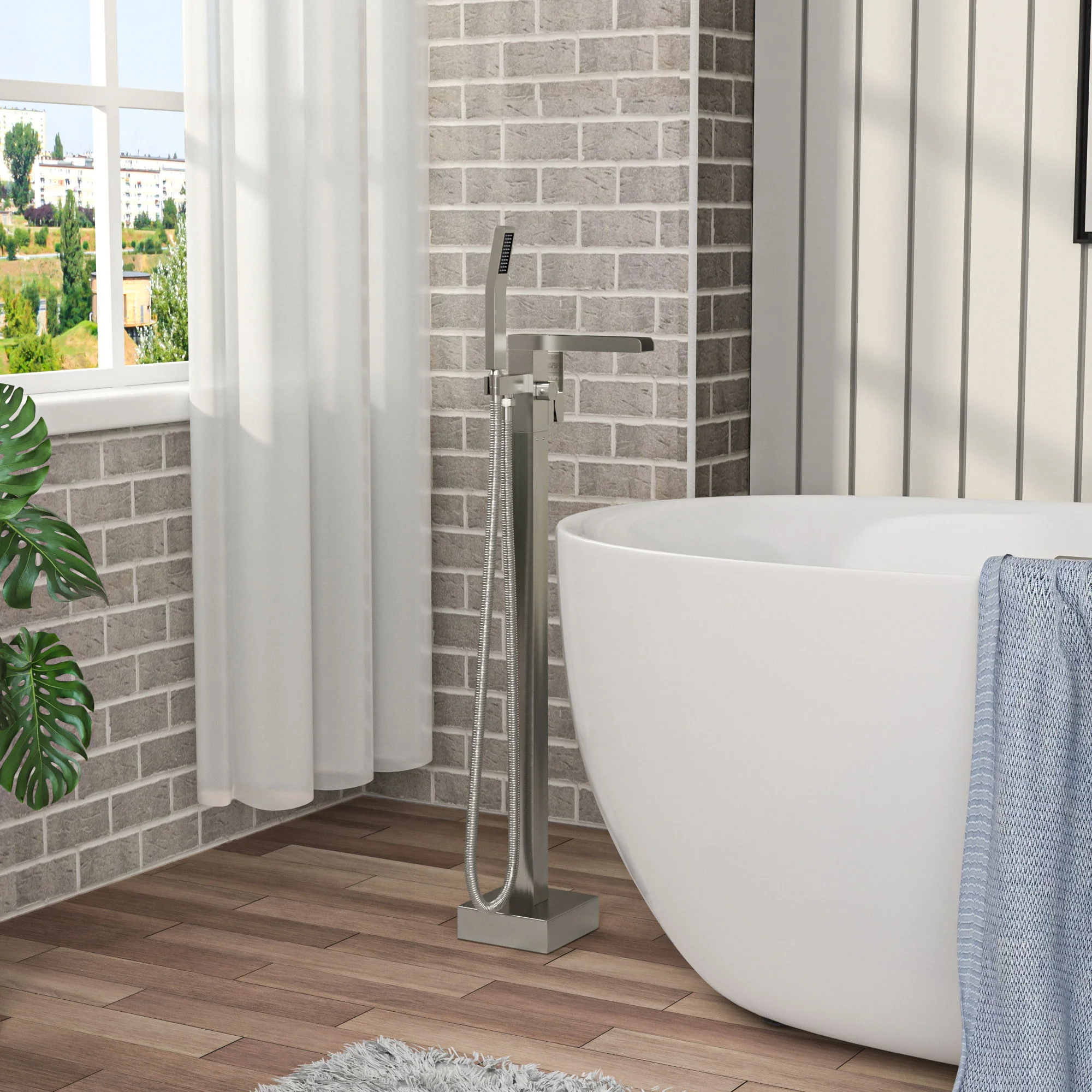 Freestanding Bathtub Faucet Waterfall Tub Filler Floor Mount Solid Brass With Hand Shower - Brushed Nickel - Image 6