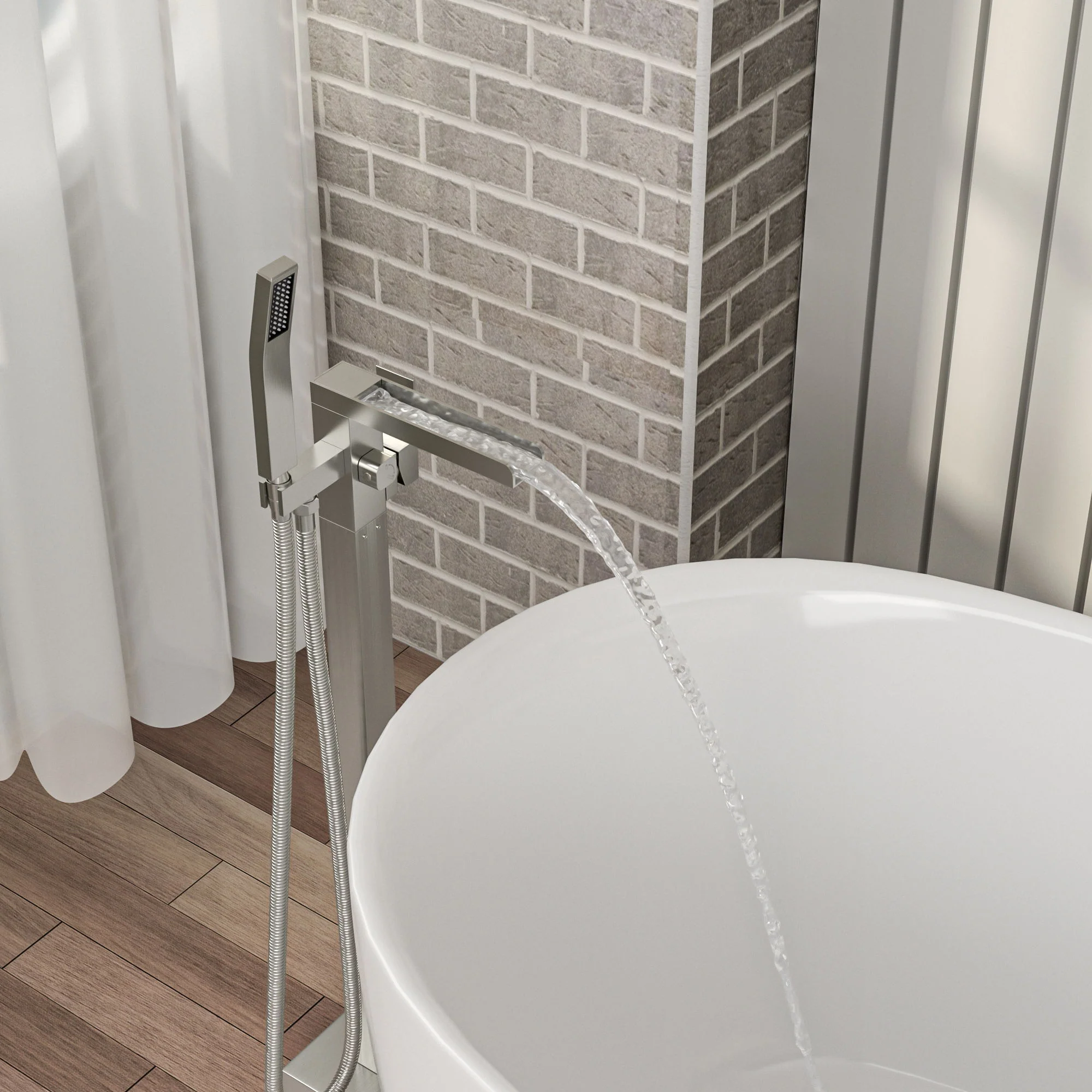 Freestanding Bathtub Faucet Waterfall Tub Filler Floor Mount Solid Brass With Hand Shower - Brushed Nickel - Image 8