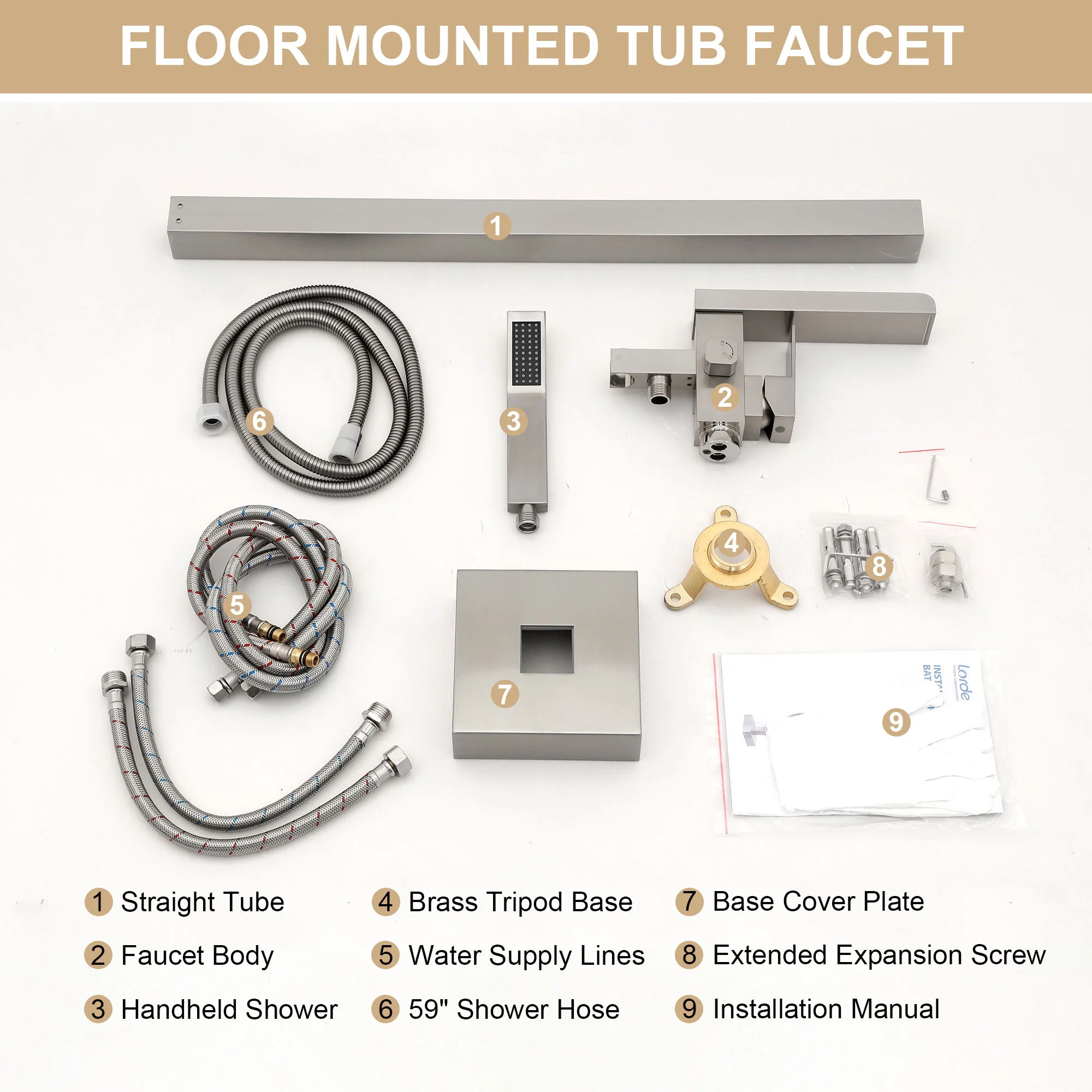 Freestanding Bathtub Faucet Waterfall Tub Filler Floor Mount Solid Brass With Hand Shower - Brushed Nickel - Image 9