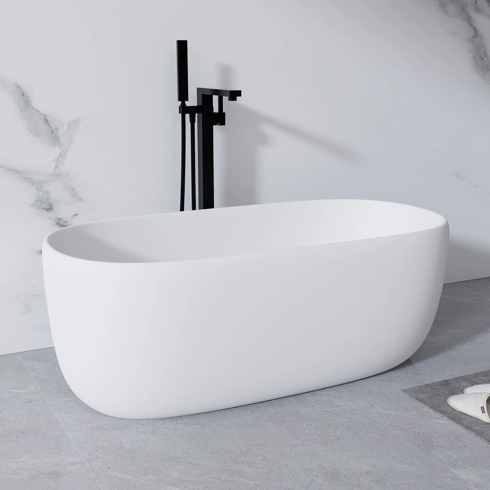 Freestanding Bathtub Resin Stone Soaking Bathtub Solid Surface Modern Tubs With Overflow And Pop-Up Drain - Matte White - Image 9