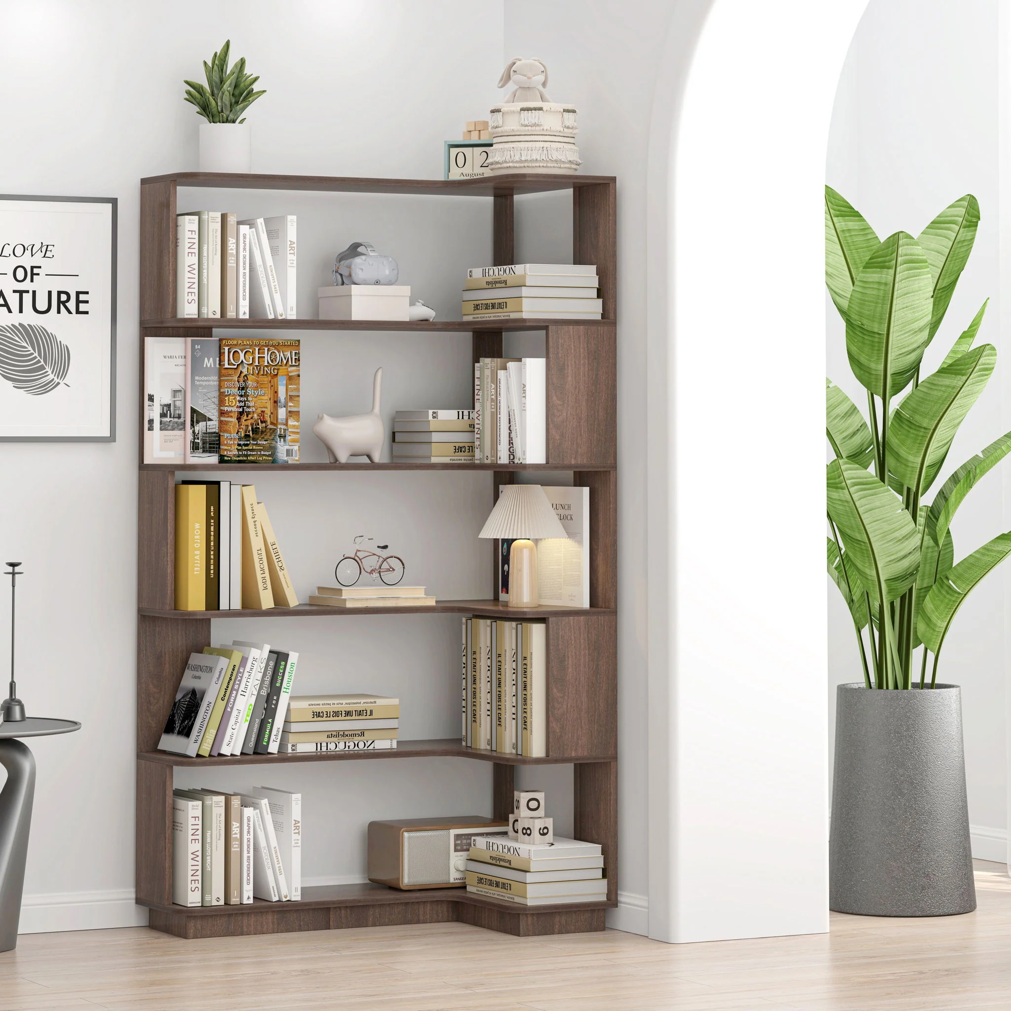 Freestanding Corner Bookshelf For Living Room - Dark Brown - Image 7