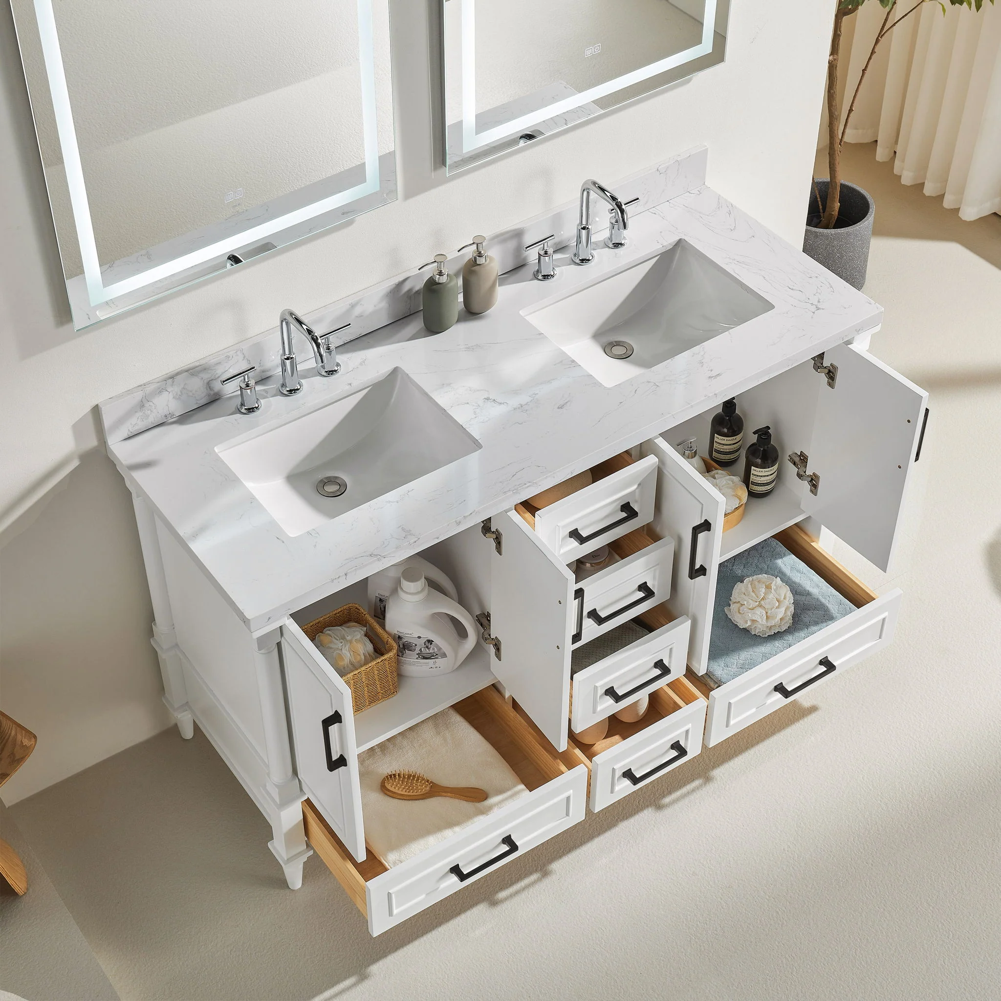 Freestanding Double Bathroom Vanity With Extra Black Handles - White - Image 2