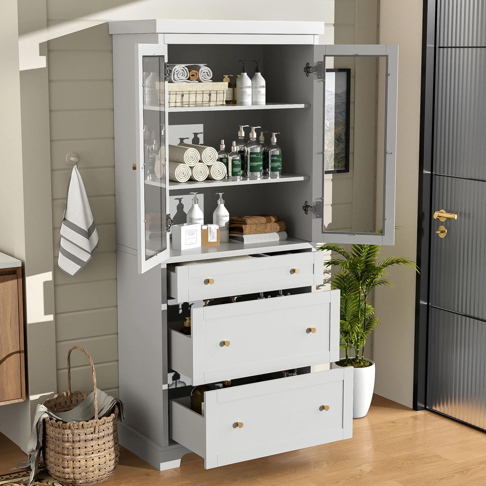 Freestanding Tall Bathroom Cabinet With Adjustable Shelves, Drawers, Soft Close Glass Doors - Image 4