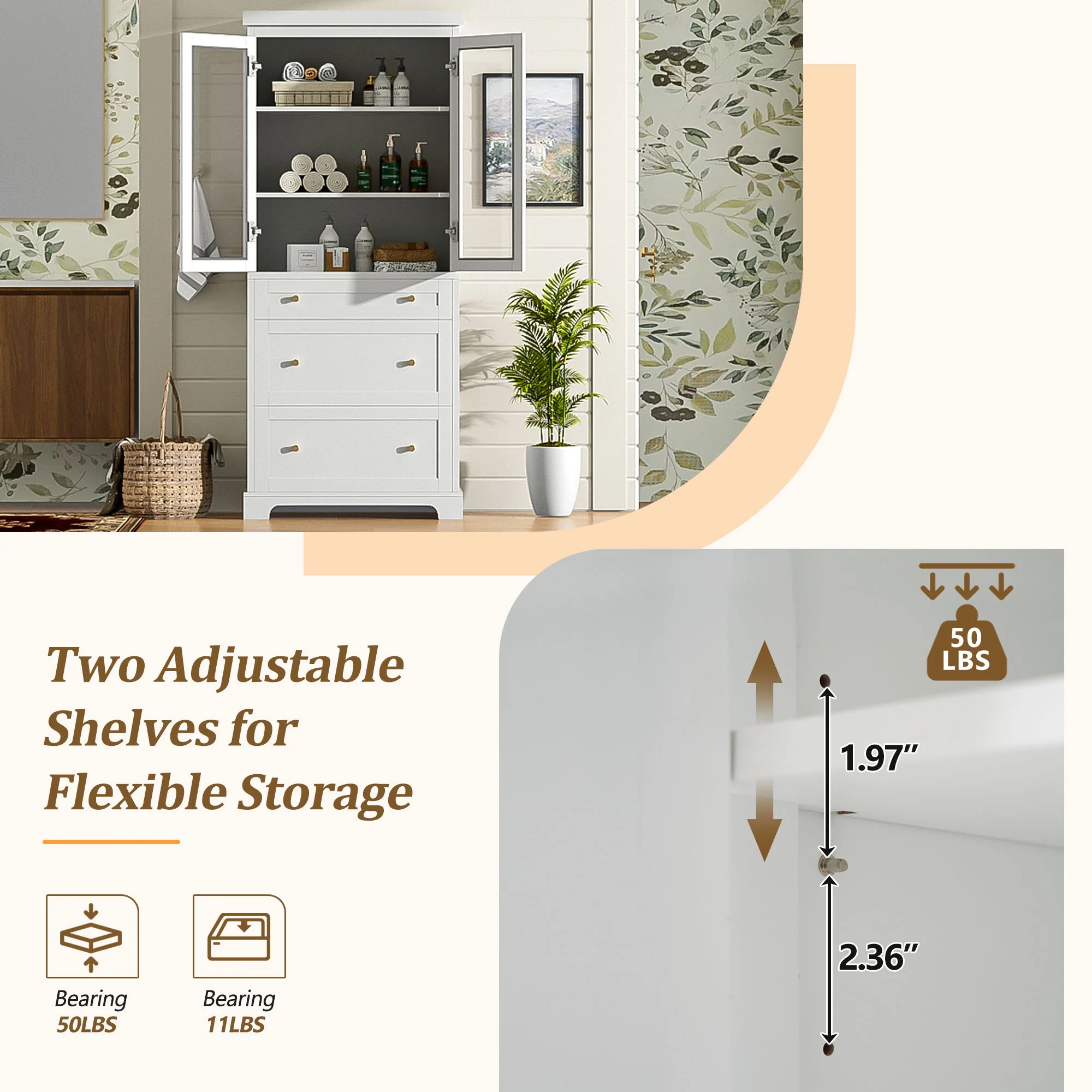 Freestanding Tall Bathroom Cabinet With Adjustable Shelves, Drawers, Soft Close Glass Doors - Image 9
