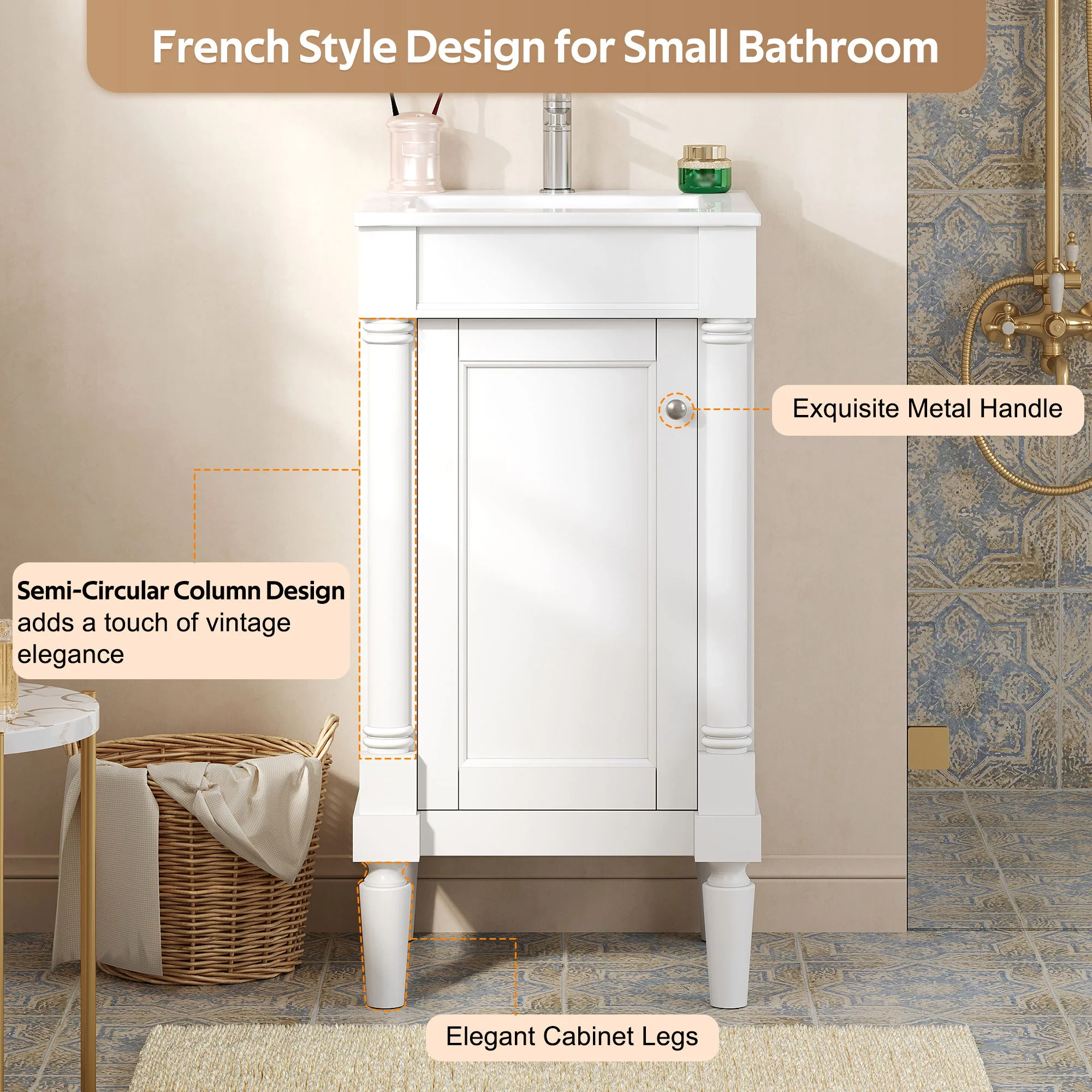 French Style Bathroom Cabinet With Sink, Adjustable Shelf - Image 9
