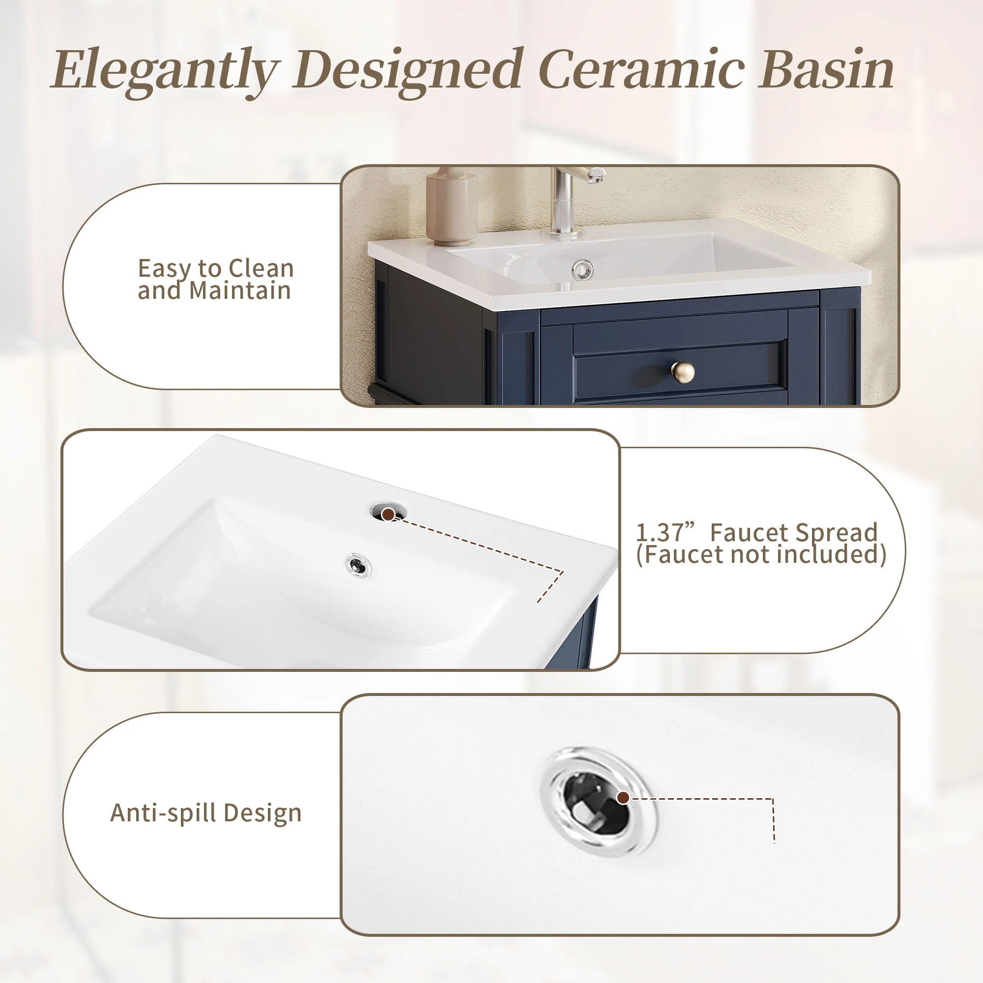 French Style Bathroom Vanity With Sink, Soft-Closing Door, Adjustable Shelf, Rectangular Design - Image 7