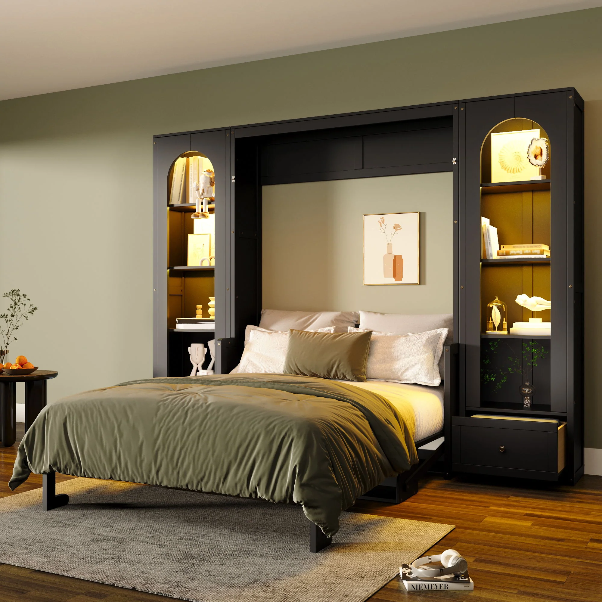French Style Murphy Platform Bed With Shelf, Side Cabinets, Drawers And LED - Image 12
