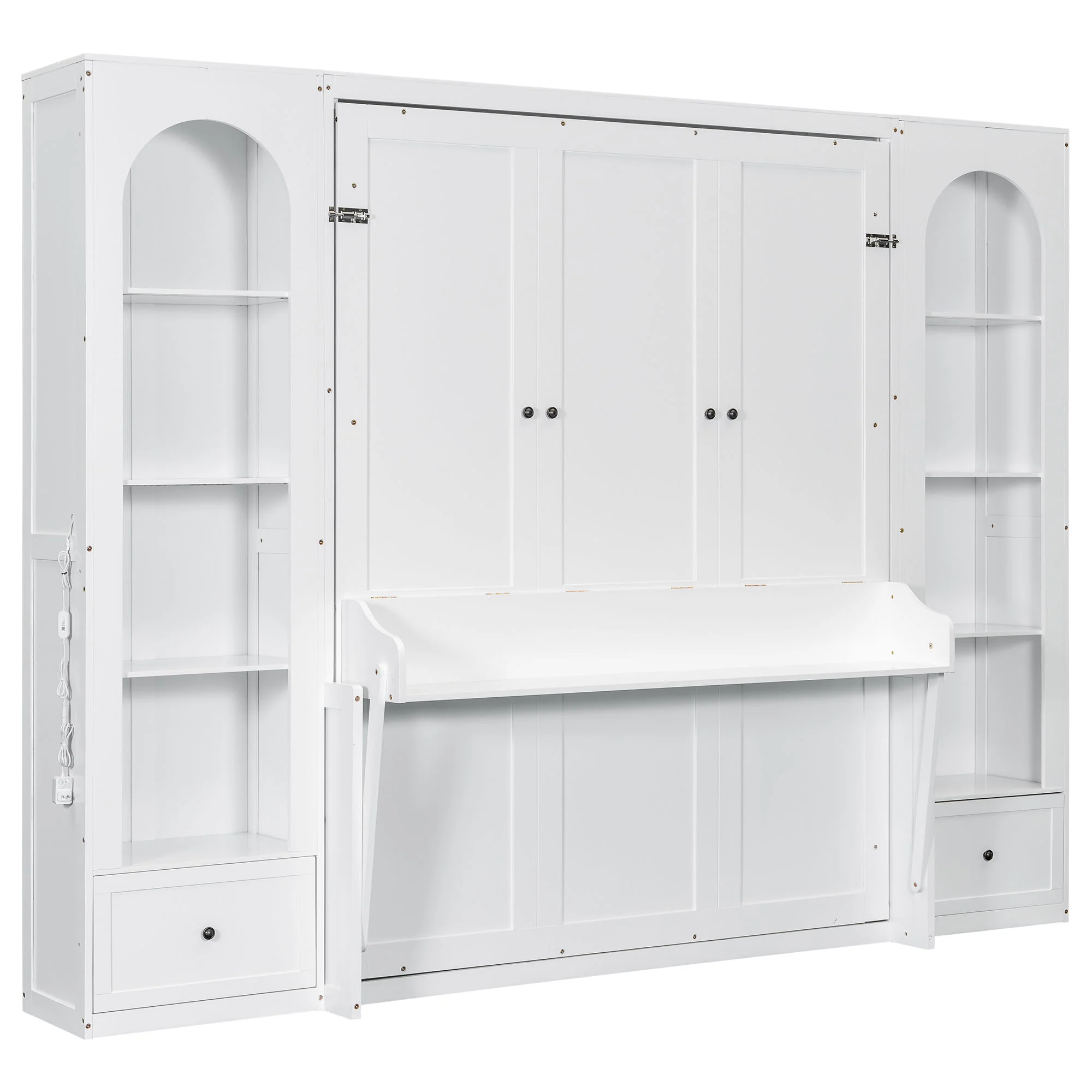 French Style Murphy Platform Bed With Shelf, Side Cabinets, Drawers And LED - Image 2