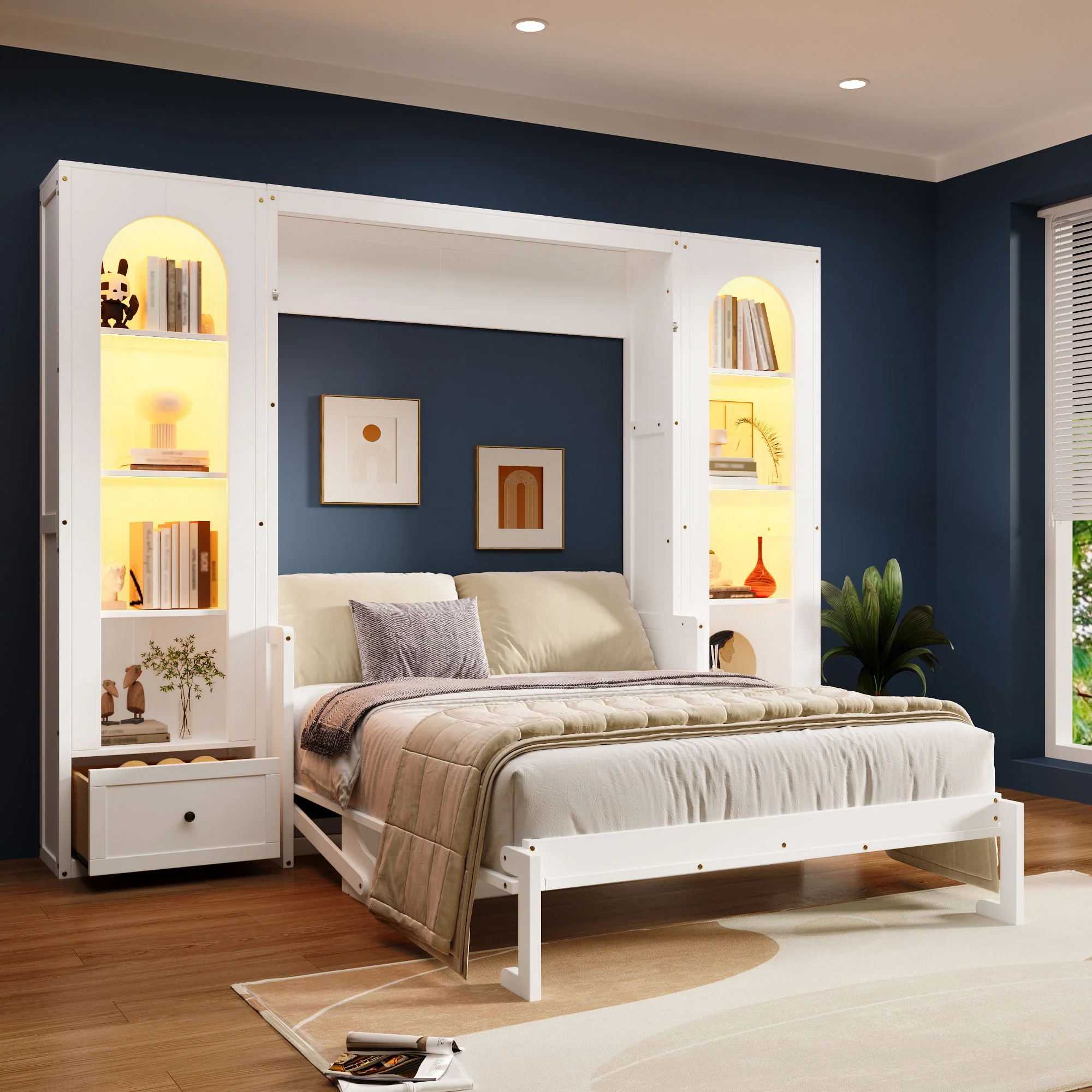 French Style Murphy Platform Bed With Shelf, Side Cabinets, Drawers And LED - Image 4